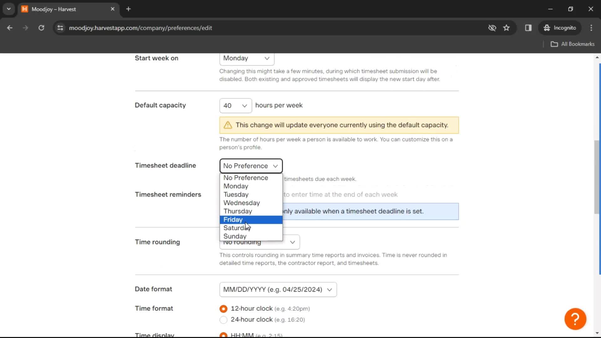 Settings on Harvest video thumbnail