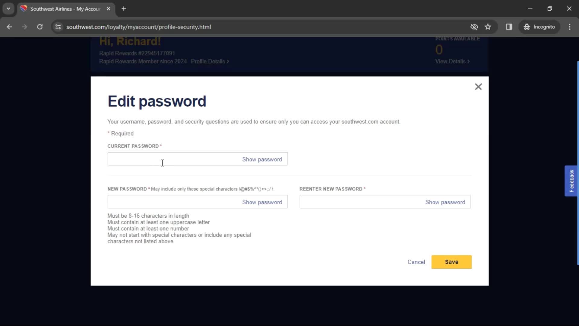 Changing password screenshot