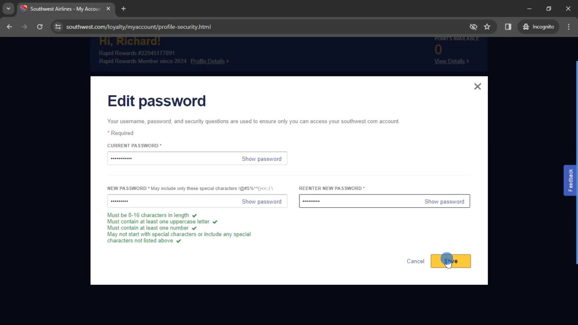 Changing password screenshot