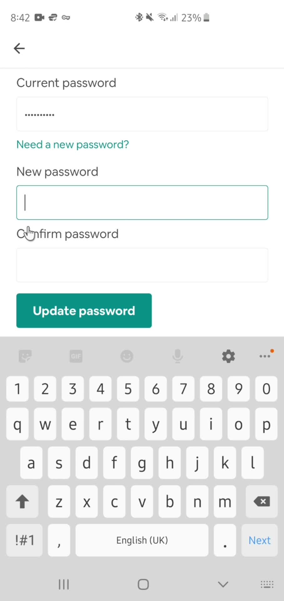 Changing password screenshot