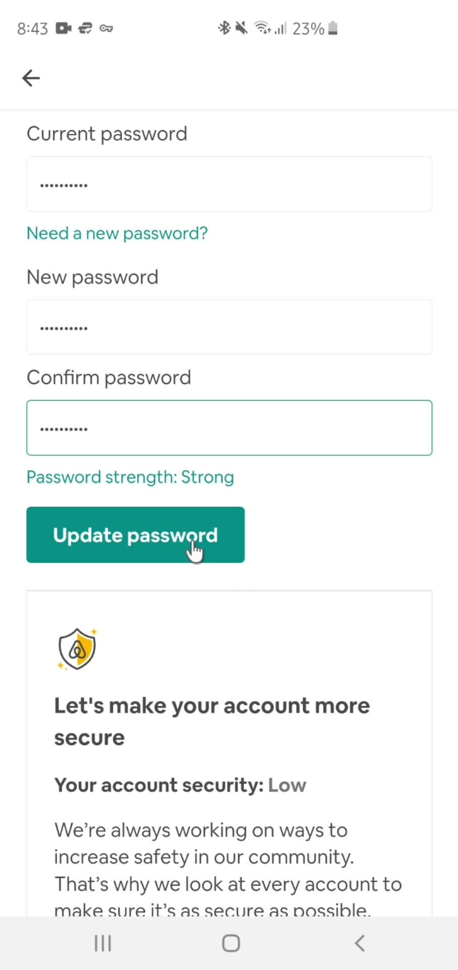 Changing password screenshot