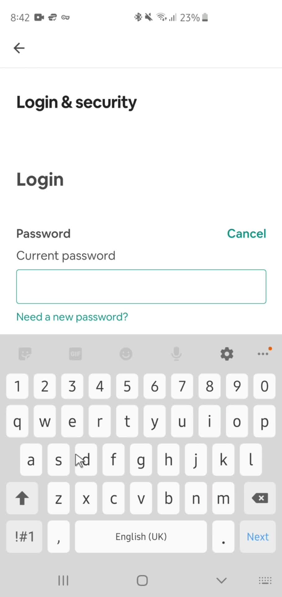 Changing password screenshot