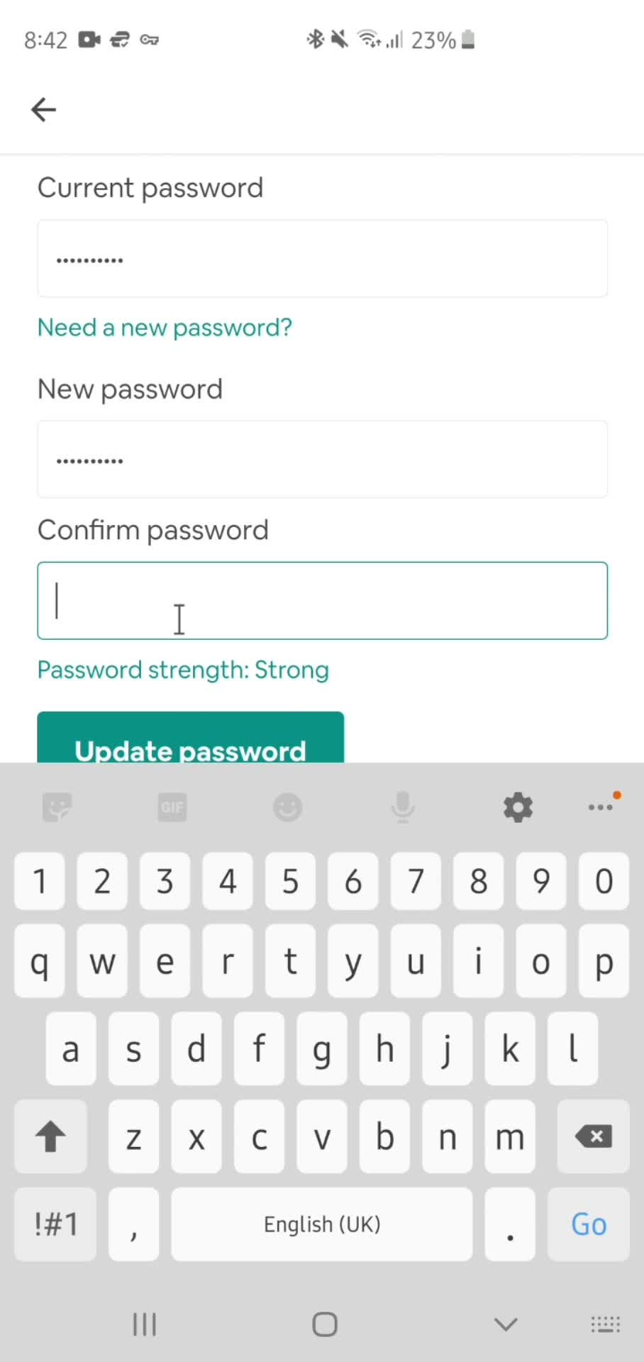 Changing password screenshot