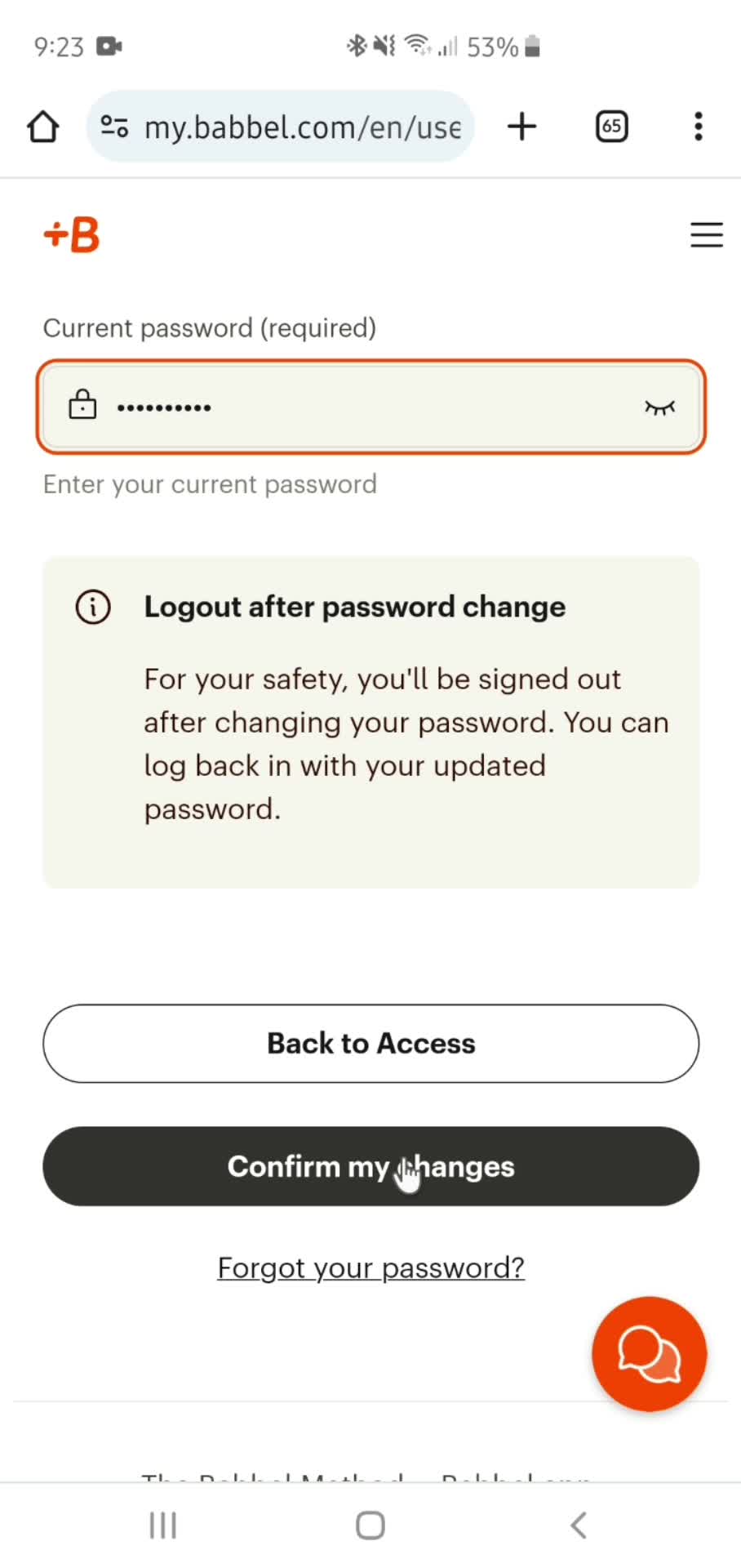 Changing password screenshot