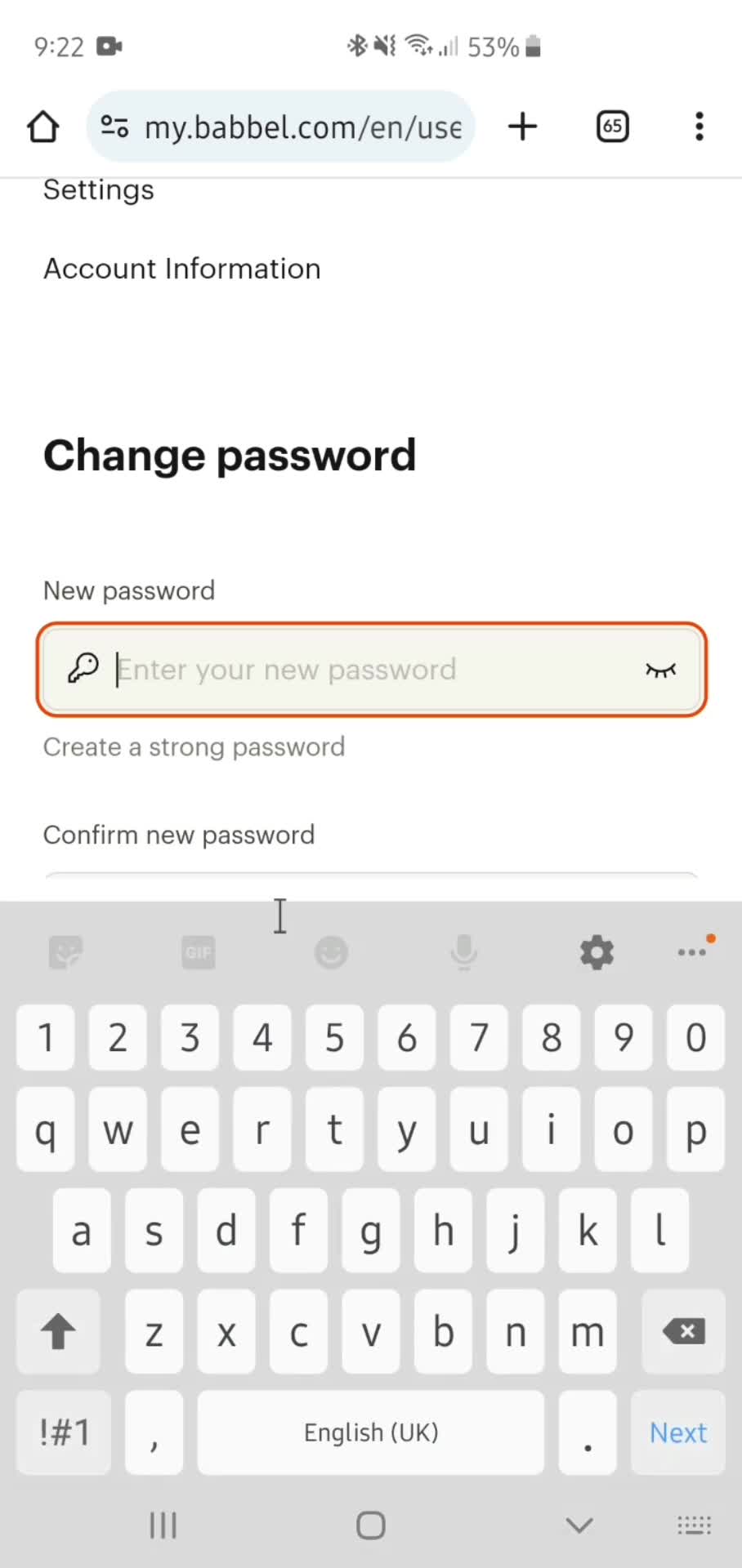 Changing password screenshot