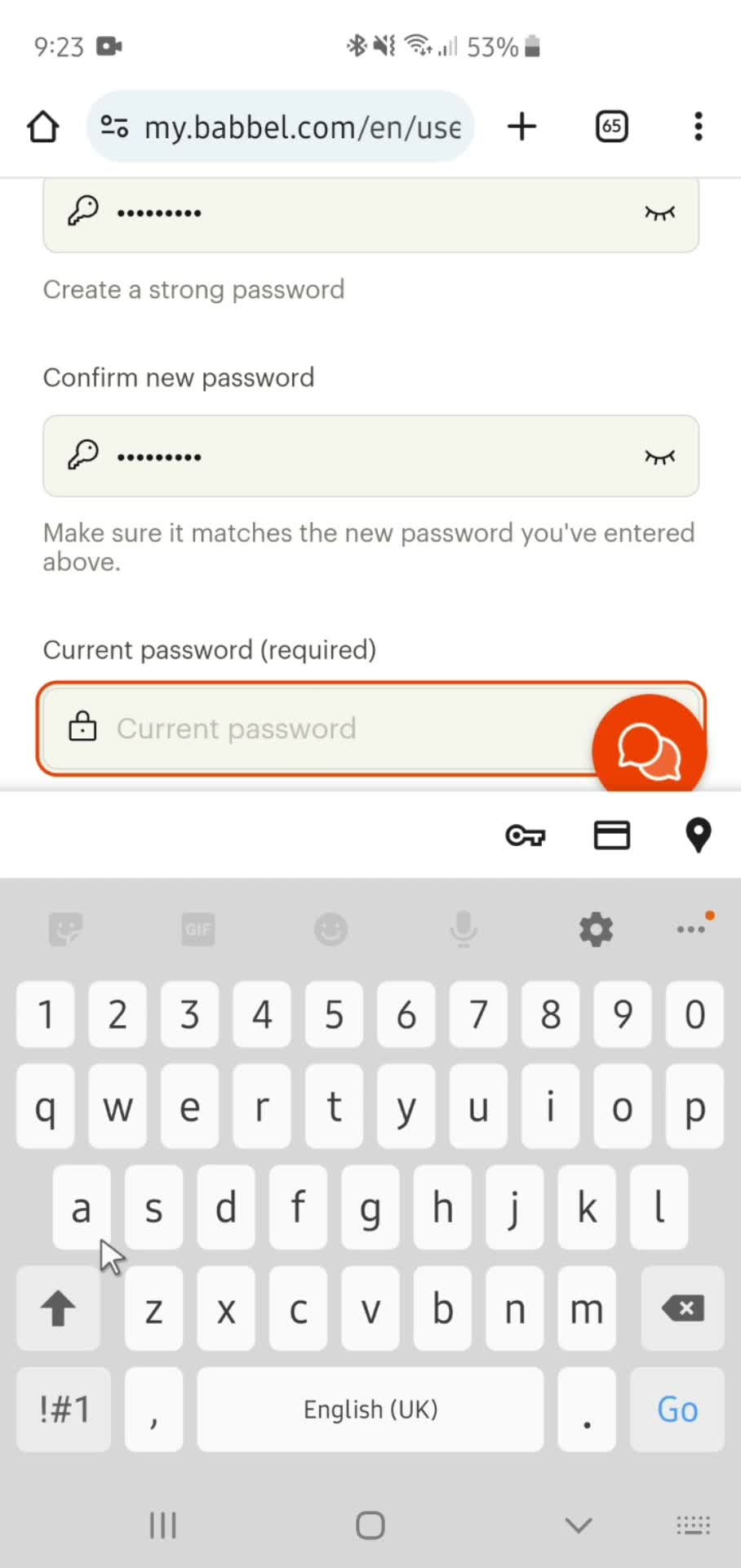 Changing password screenshot