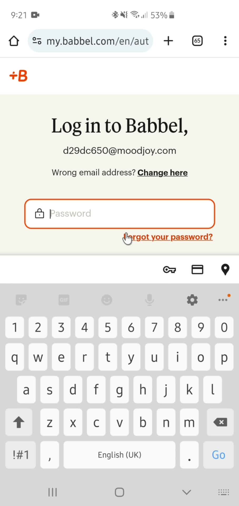 Changing password screenshot