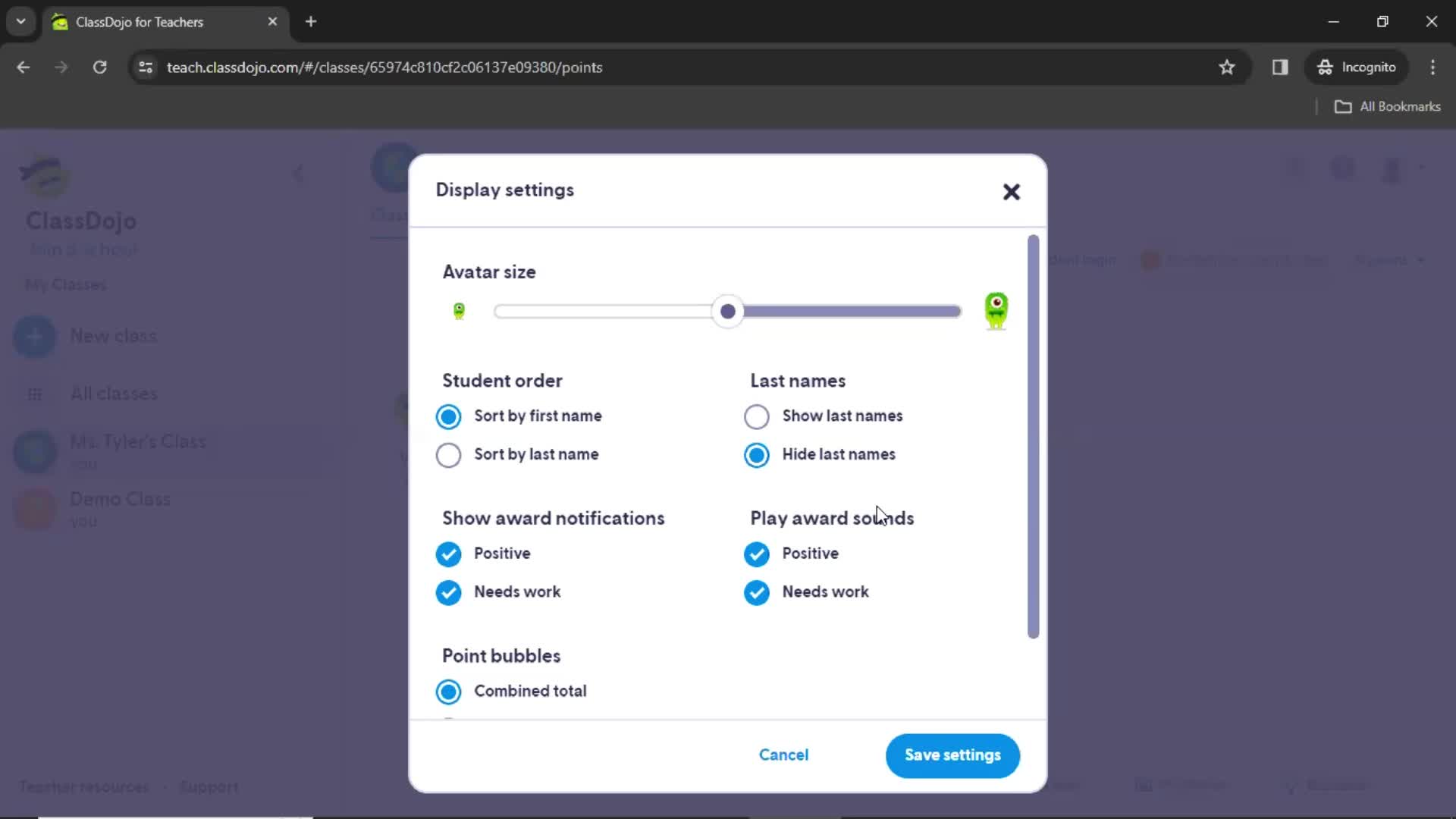 Display settings screenshot