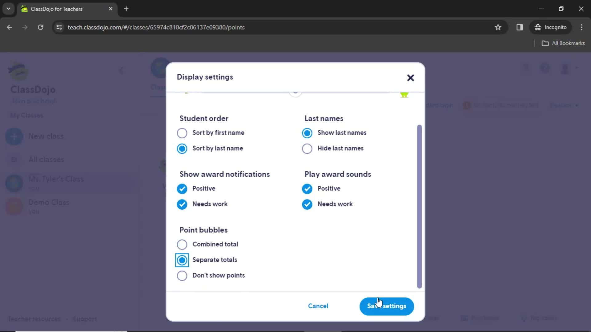 Display settings screenshot