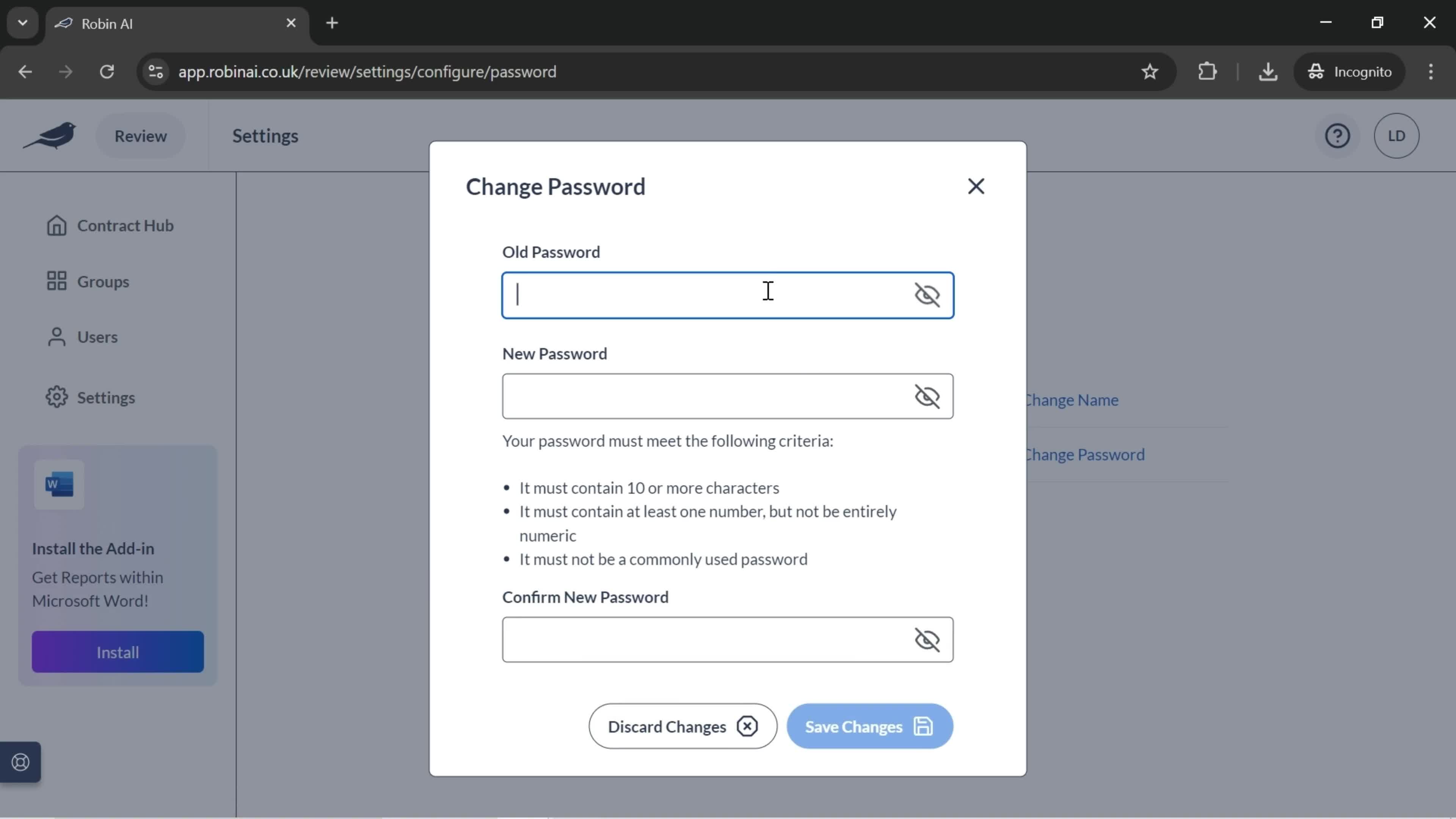 Changing password screenshot