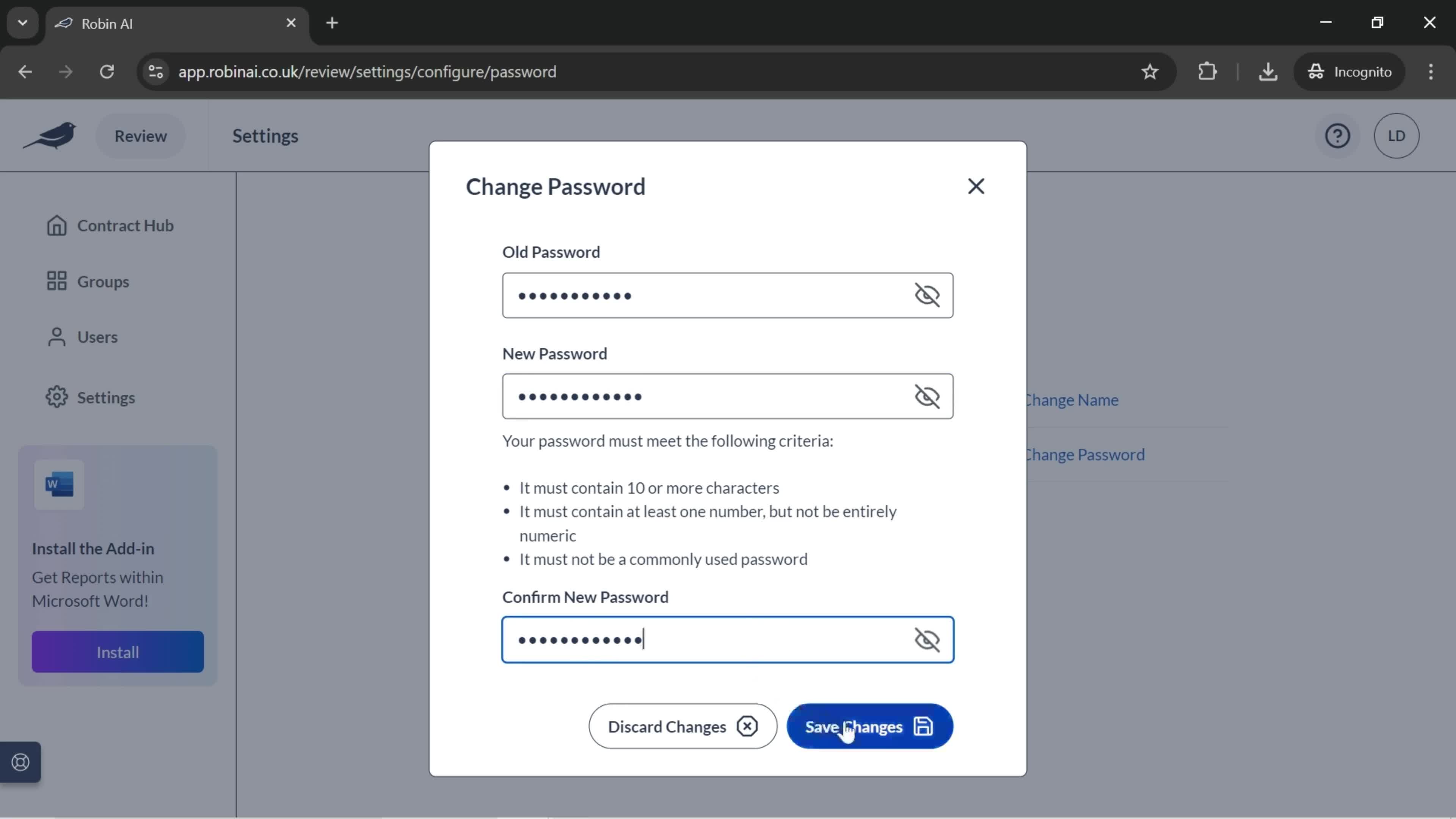 Changing password screenshot