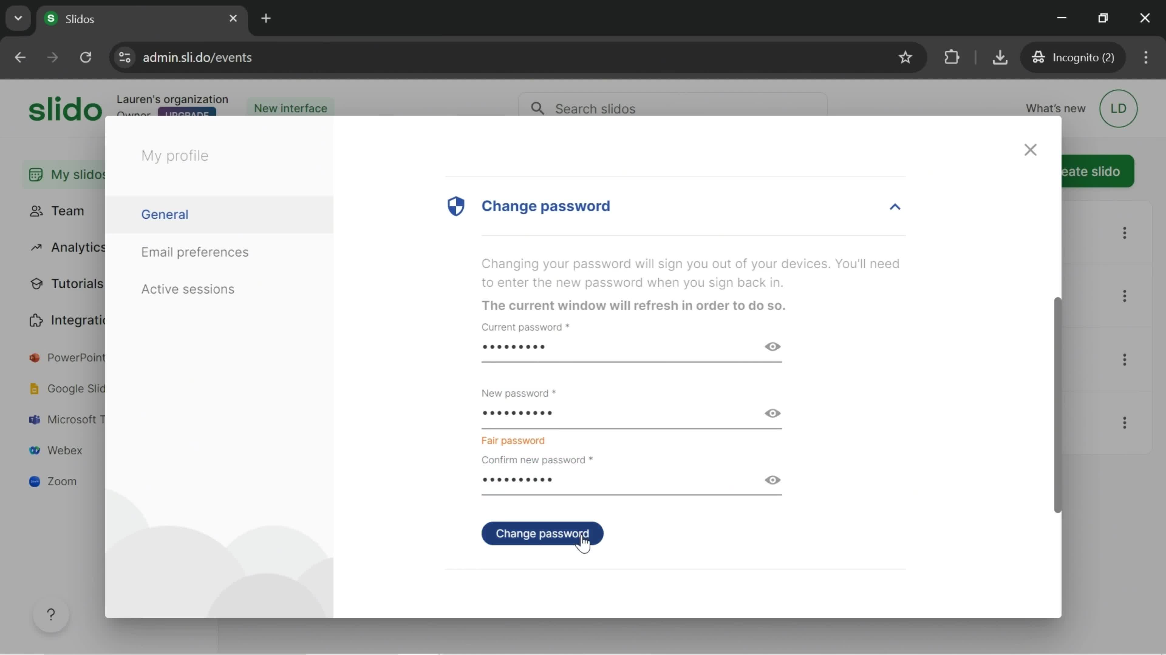 Changing password screenshot