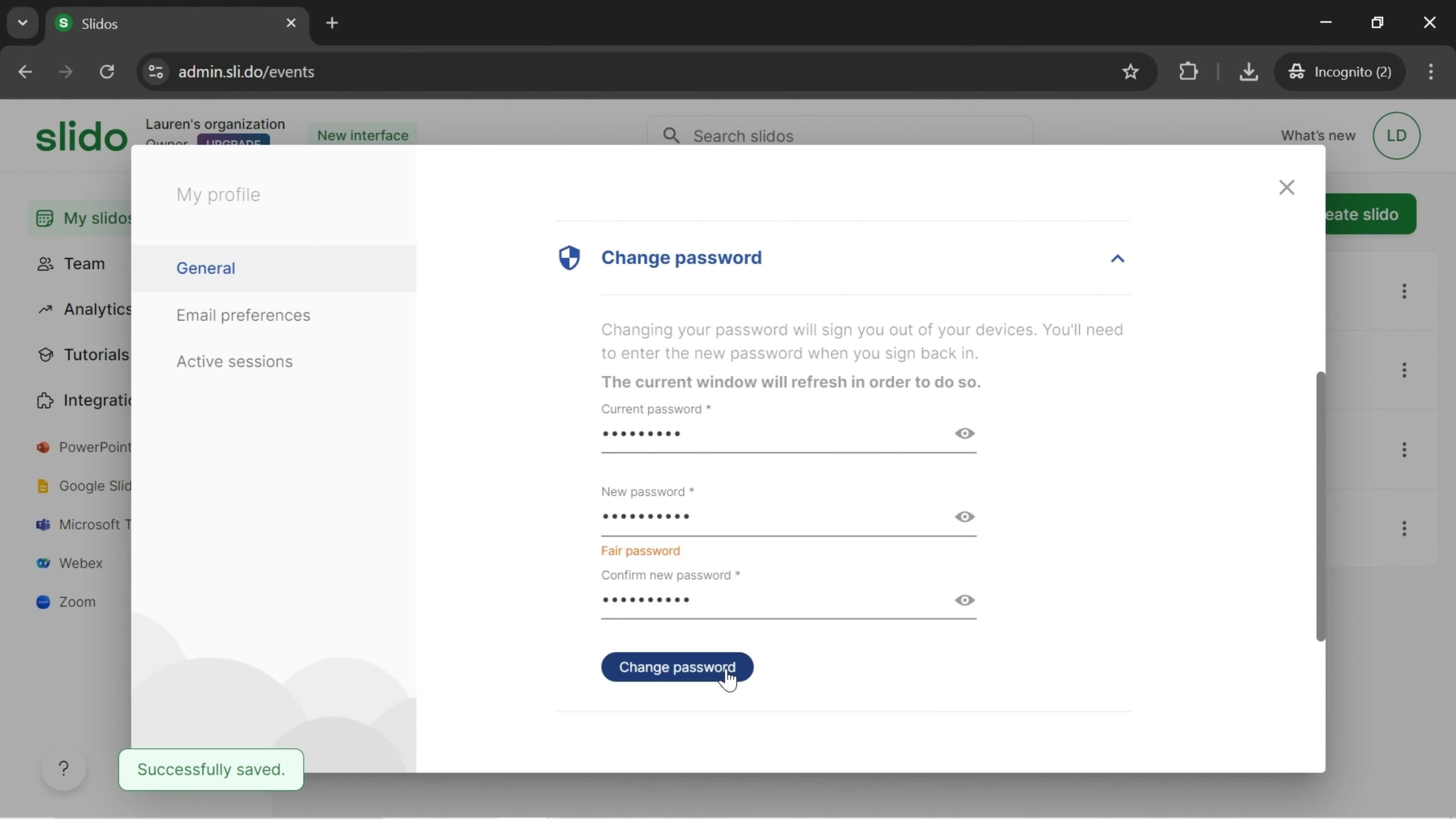 Changing password screenshot