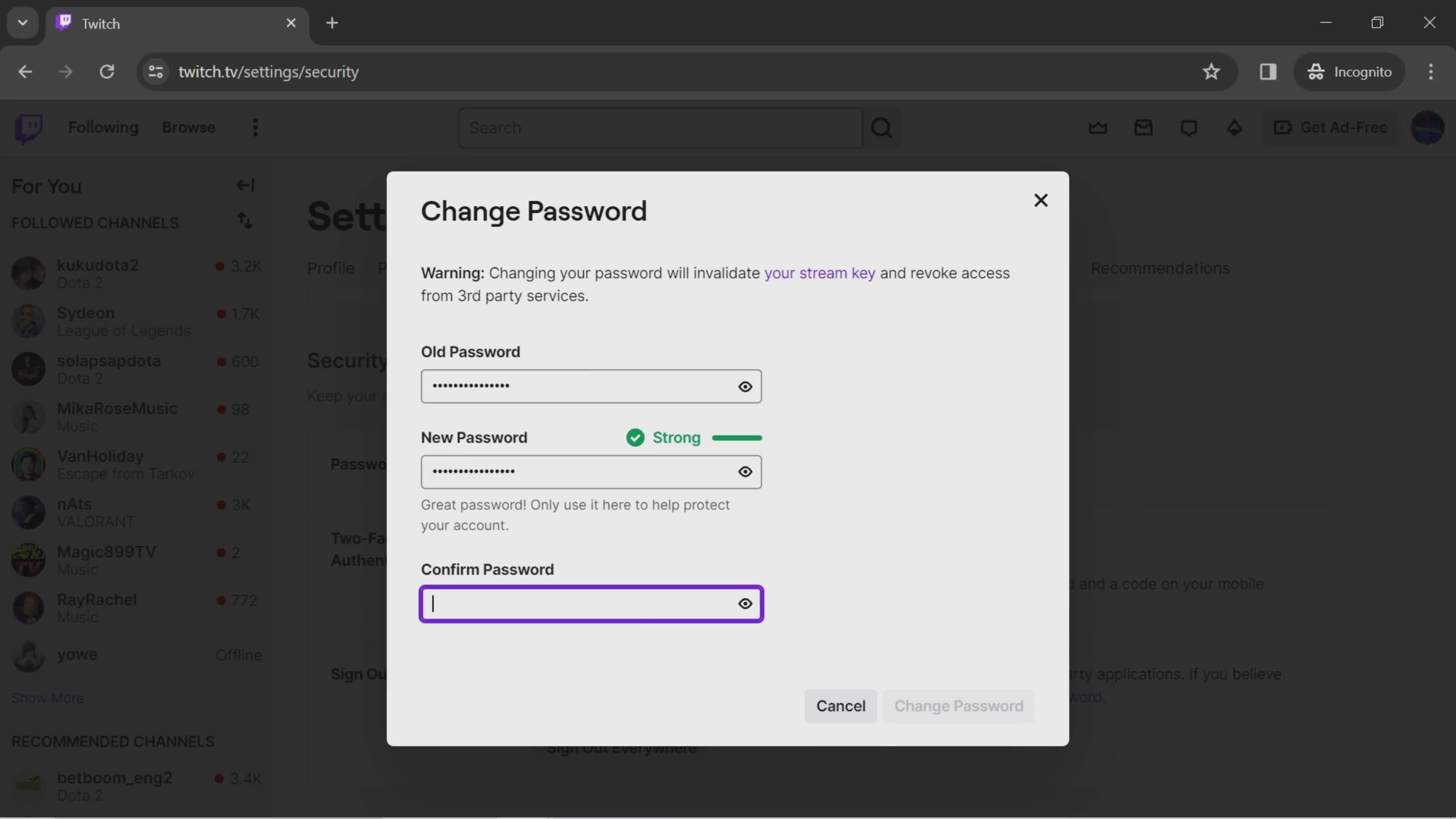 Changing password screenshot