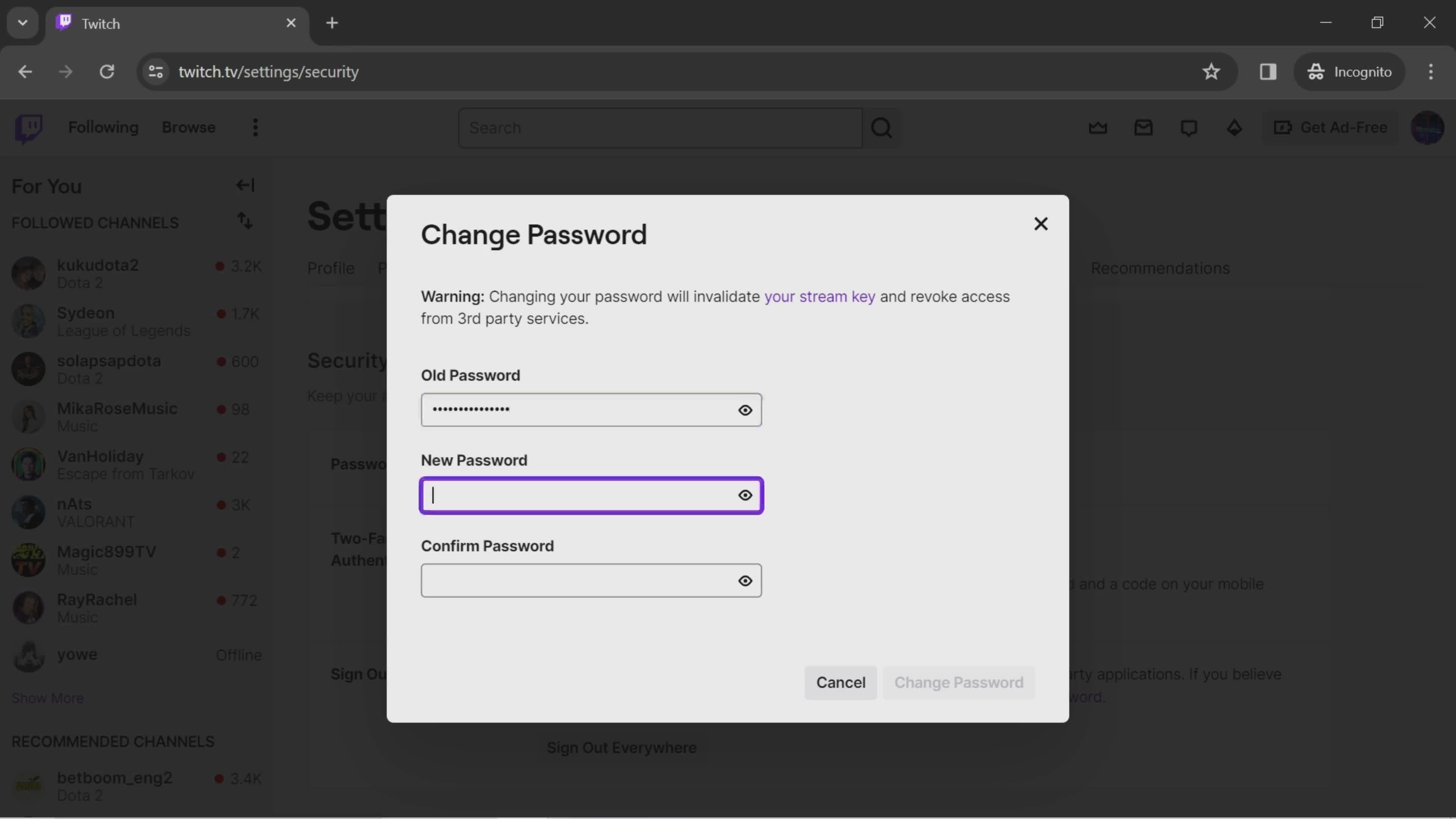 Changing password screenshot