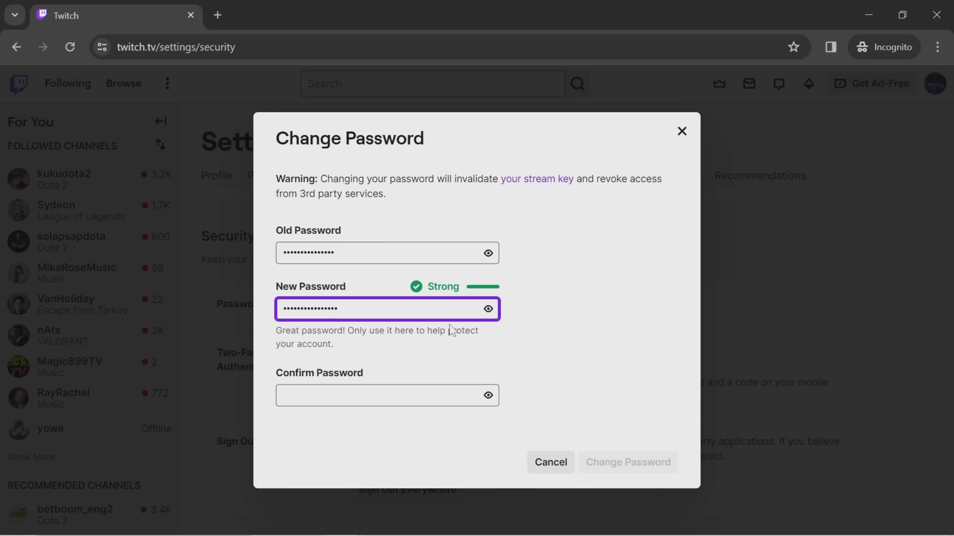 Changing password screenshot