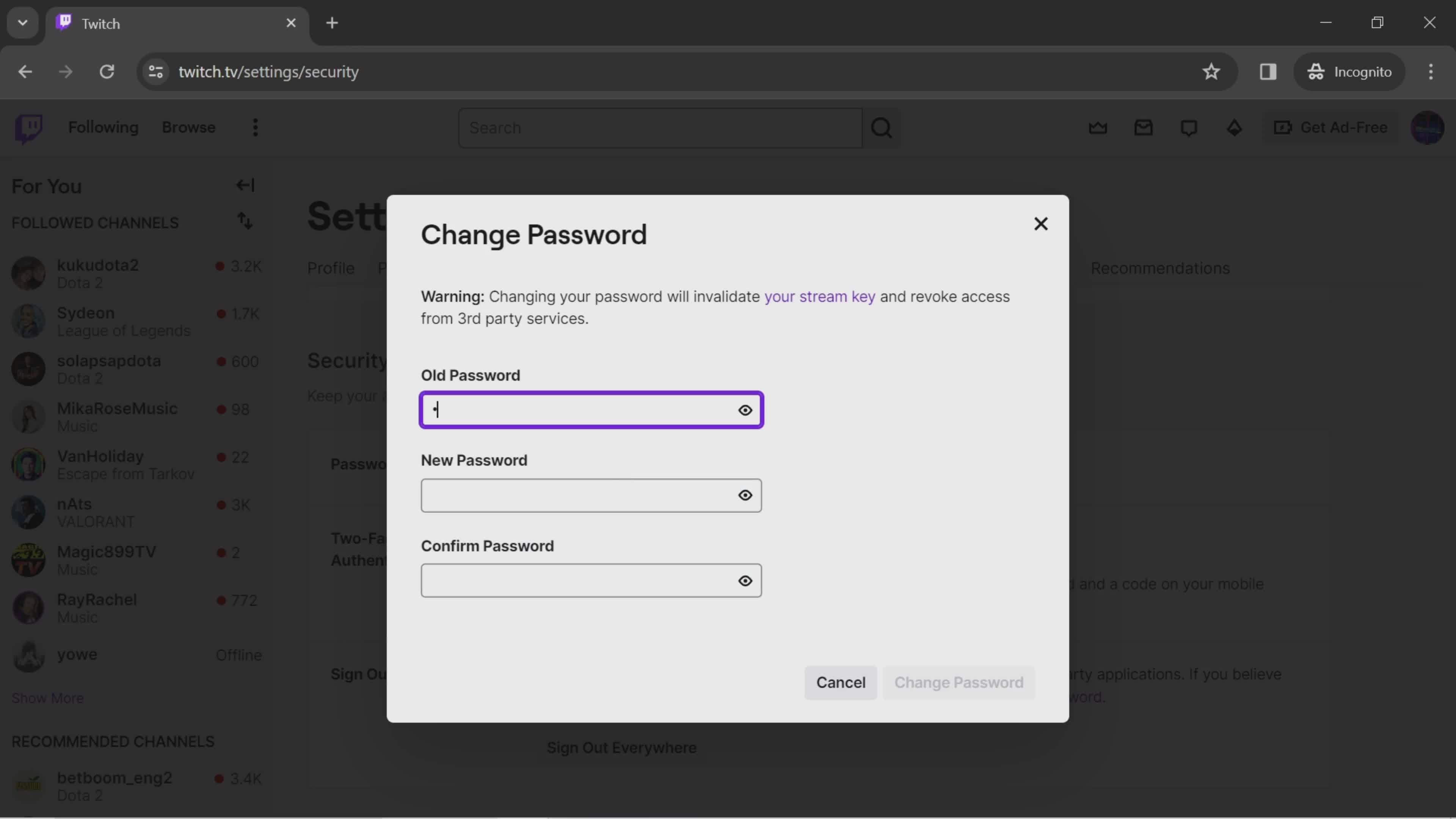 Changing password screenshot