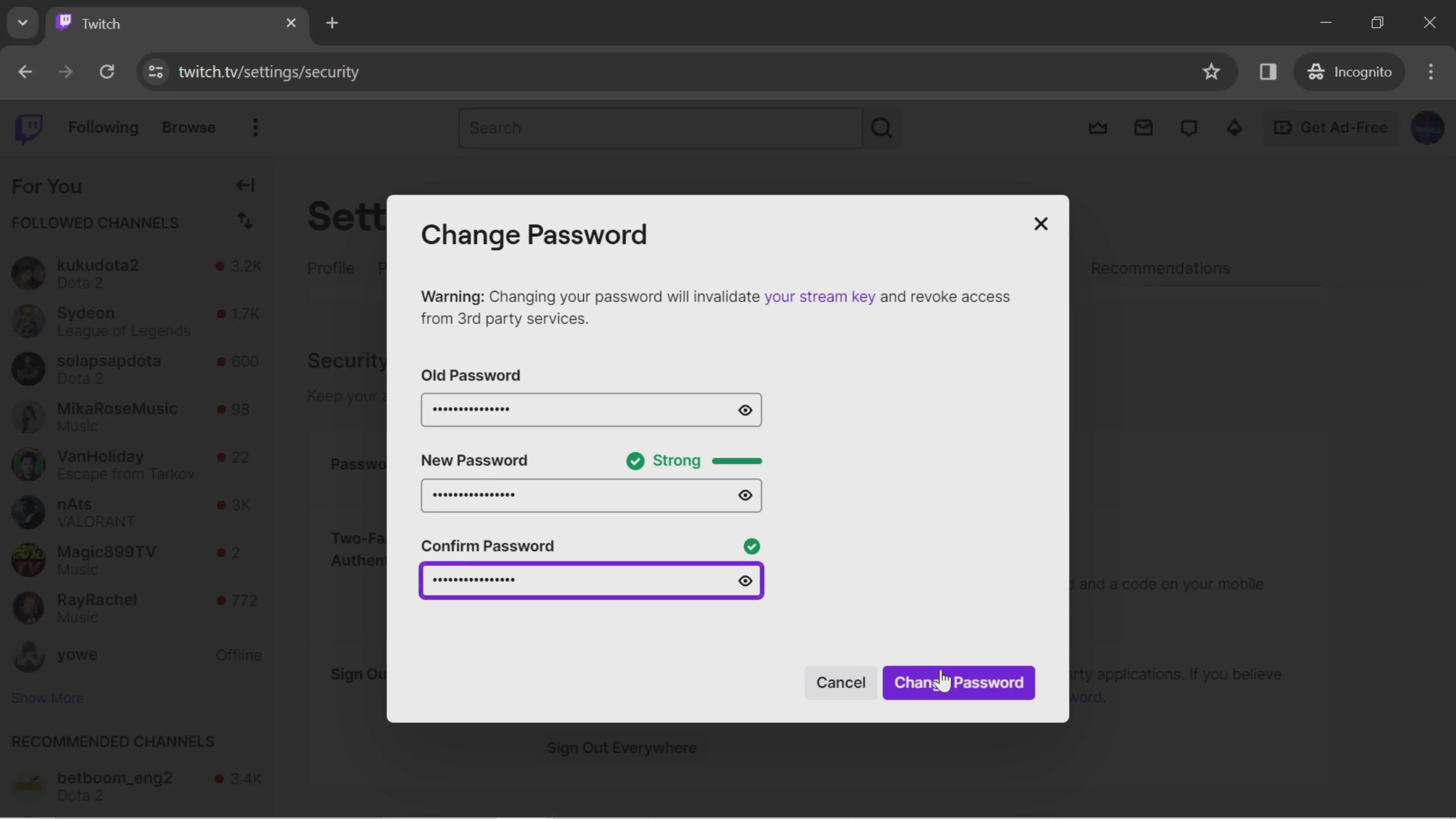 Changing password screenshot