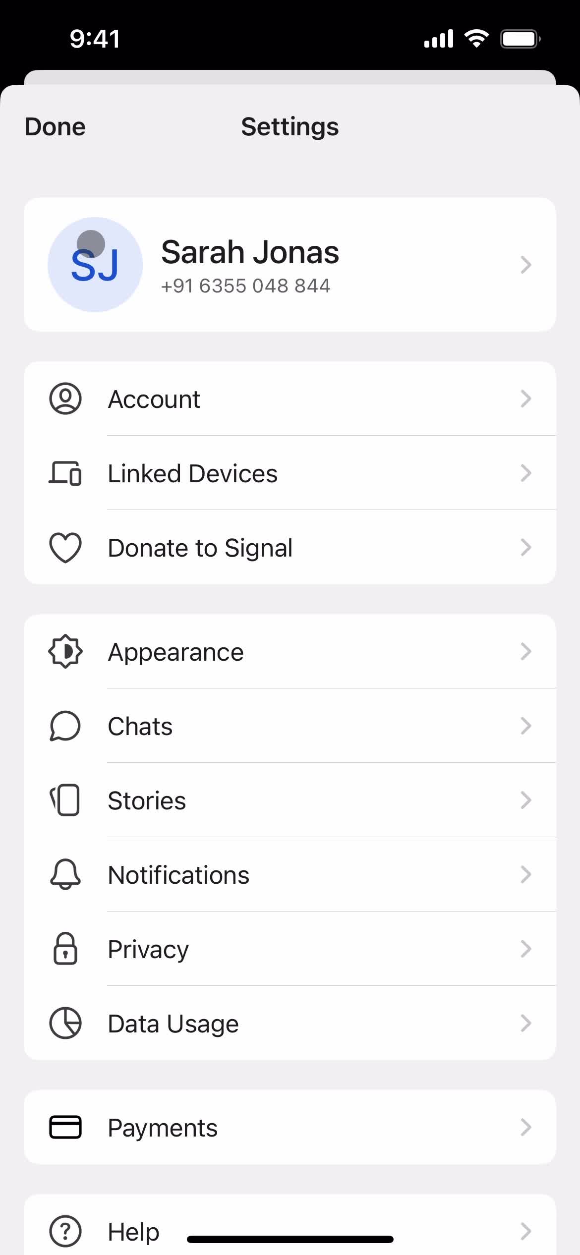 Screenshot of Settings on Updating your profile on Signal user flow