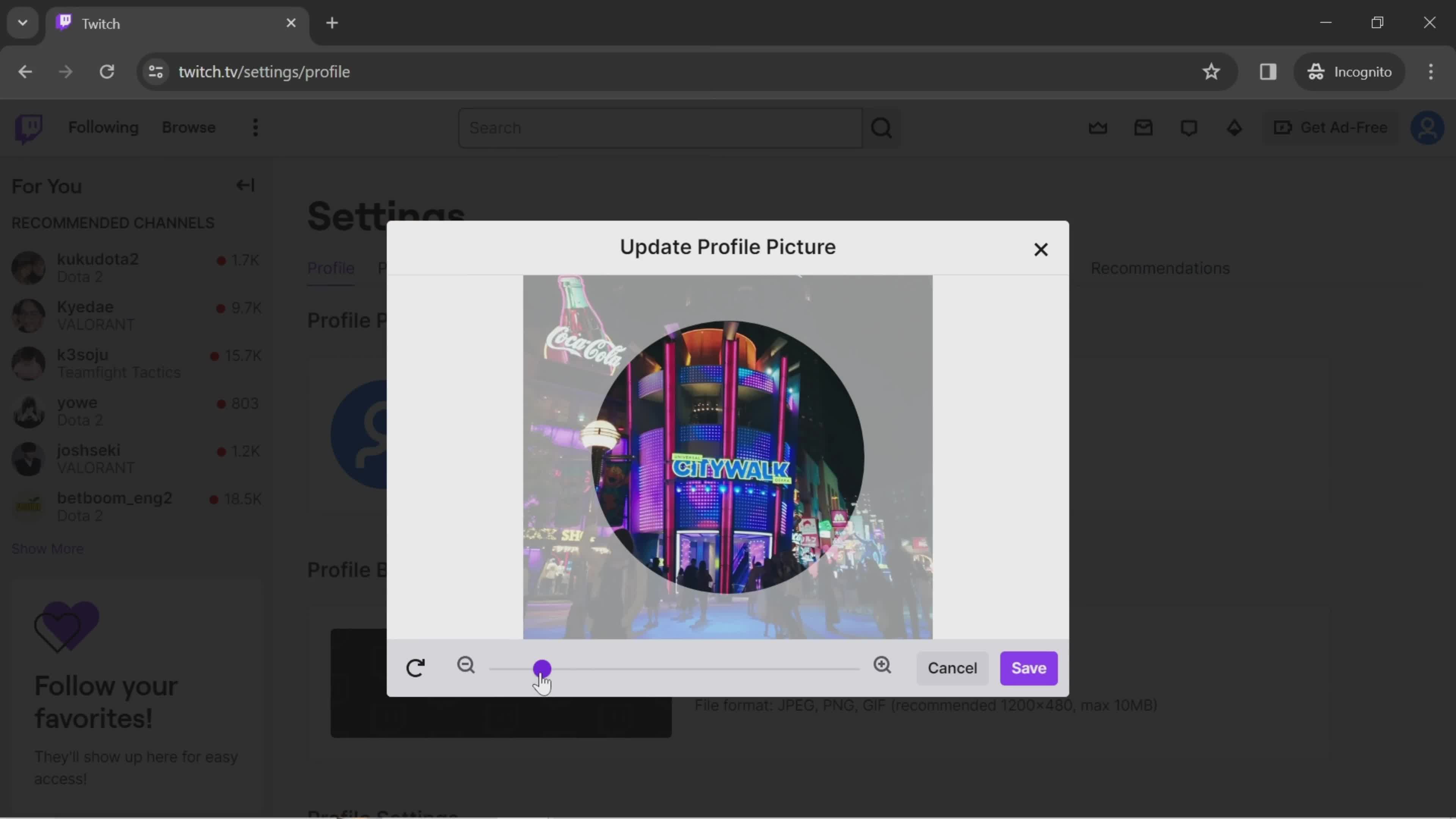 Updating your profile on Twitch video thumbnail