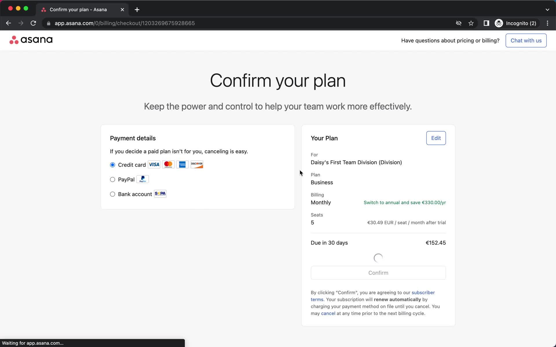 Screenshot of Confirm plan on Upgrading your account on Asana user flow