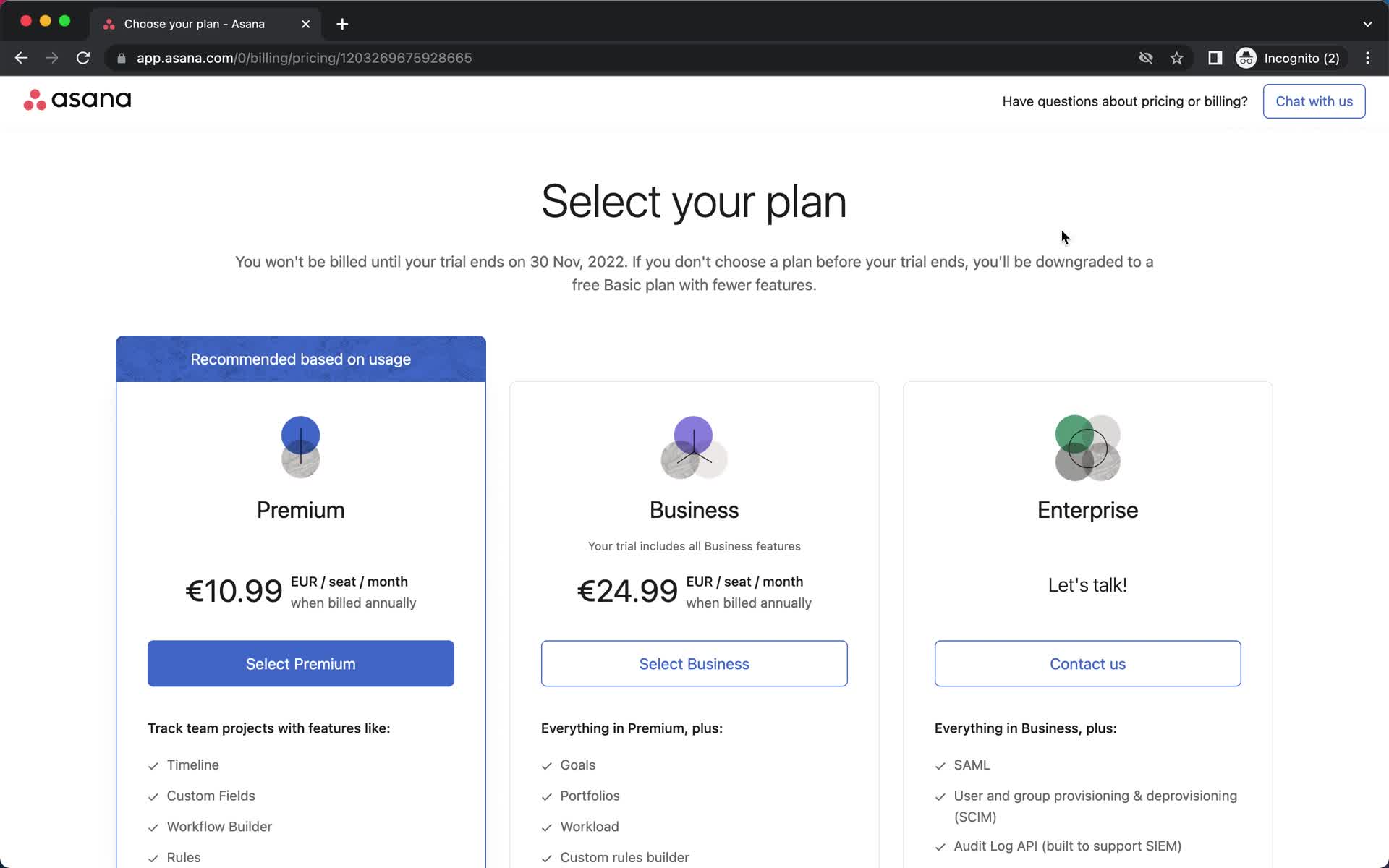 Screenshot of Select plan on Upgrading your account on Asana user flow