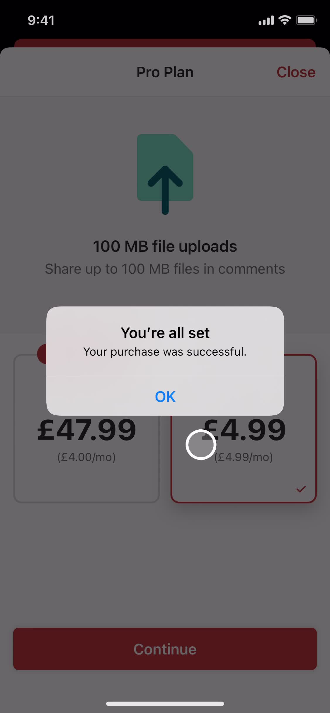 Screenshot of Purchase successful on Upgrading your account on Todoist user flow