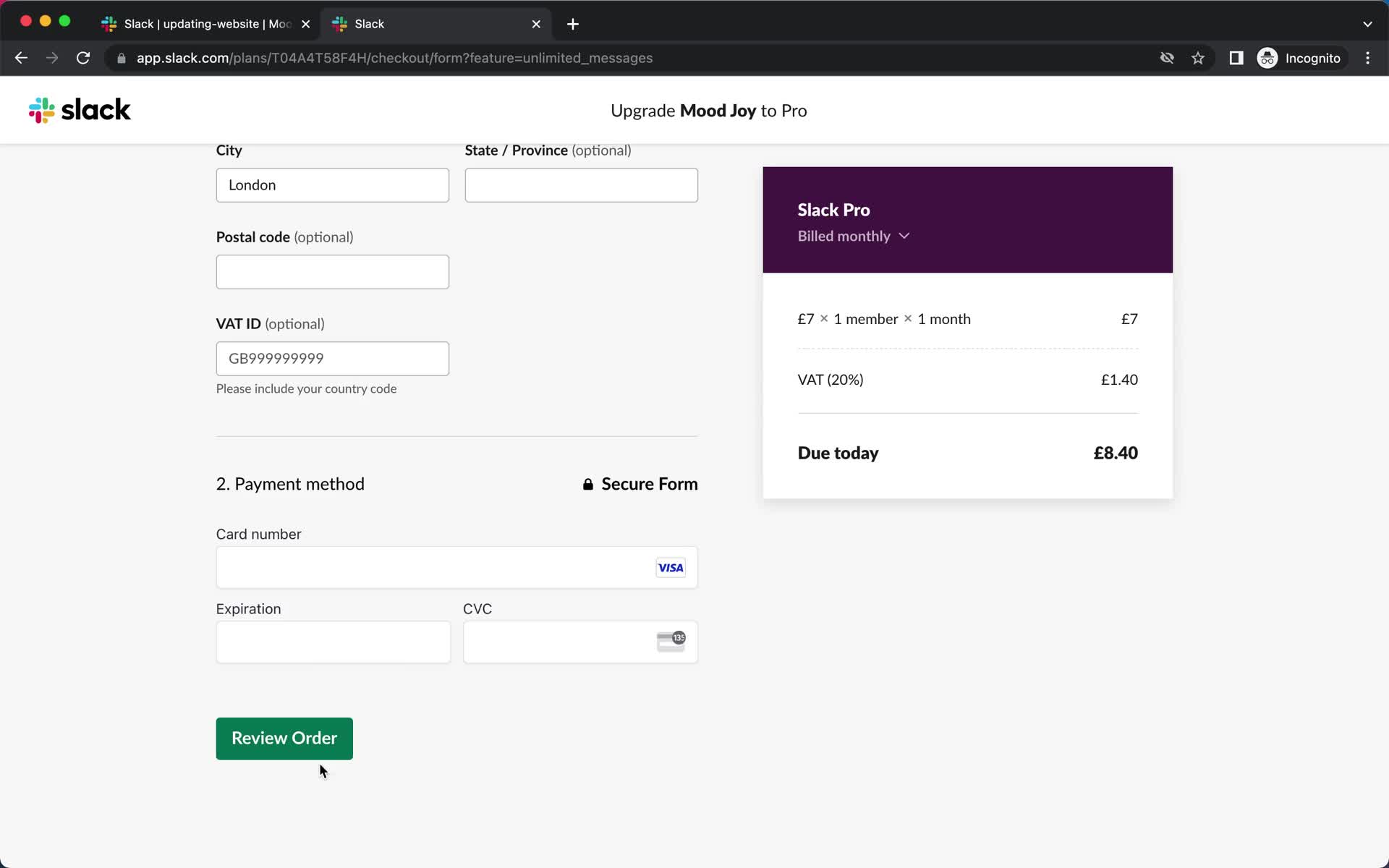 Screenshot of Add payment details on Upgrading your account on Slack user flow
