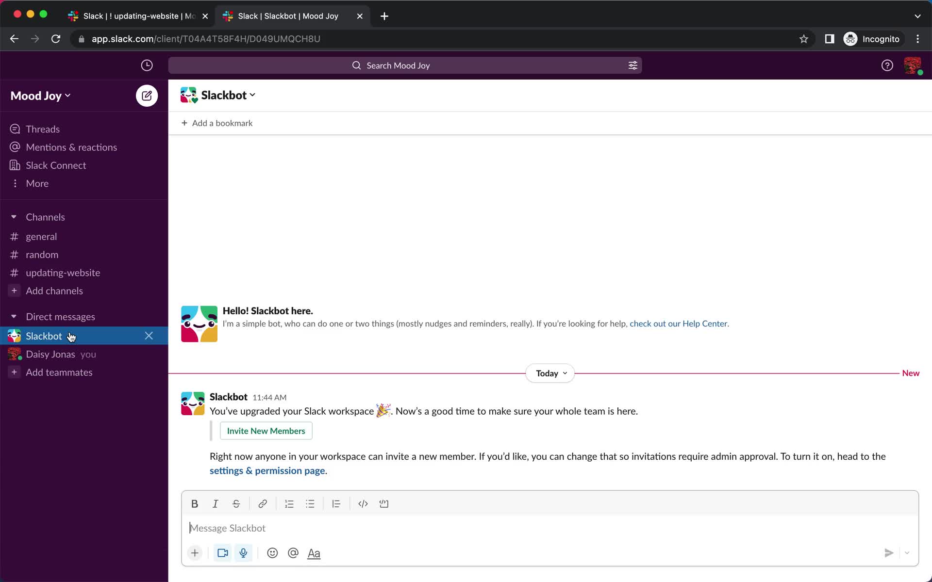 Screenshot of Chat bot on Upgrading your account on Slack user flow