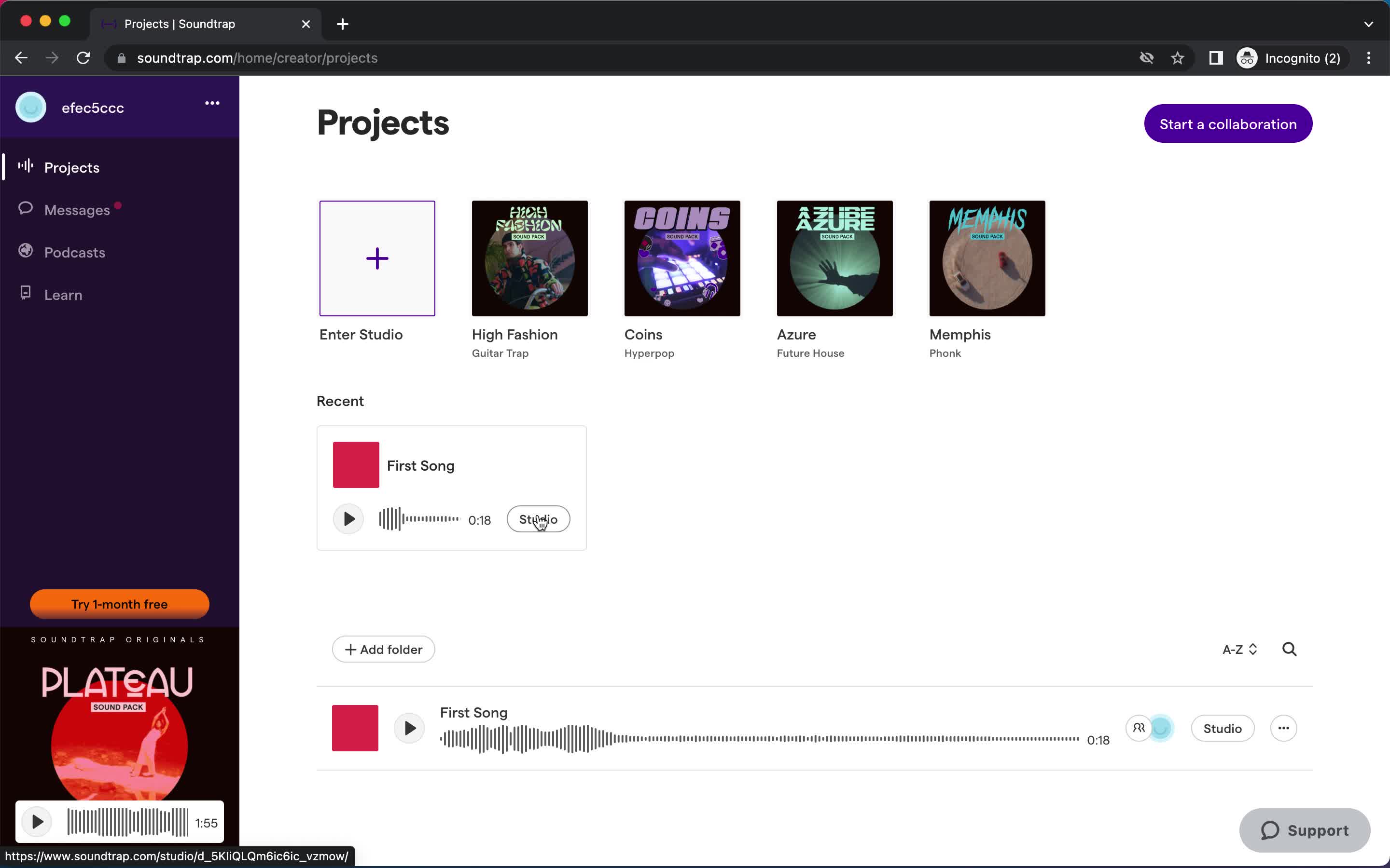 Screenshot of Projects on Upgrading your account on Soundtrap user flow