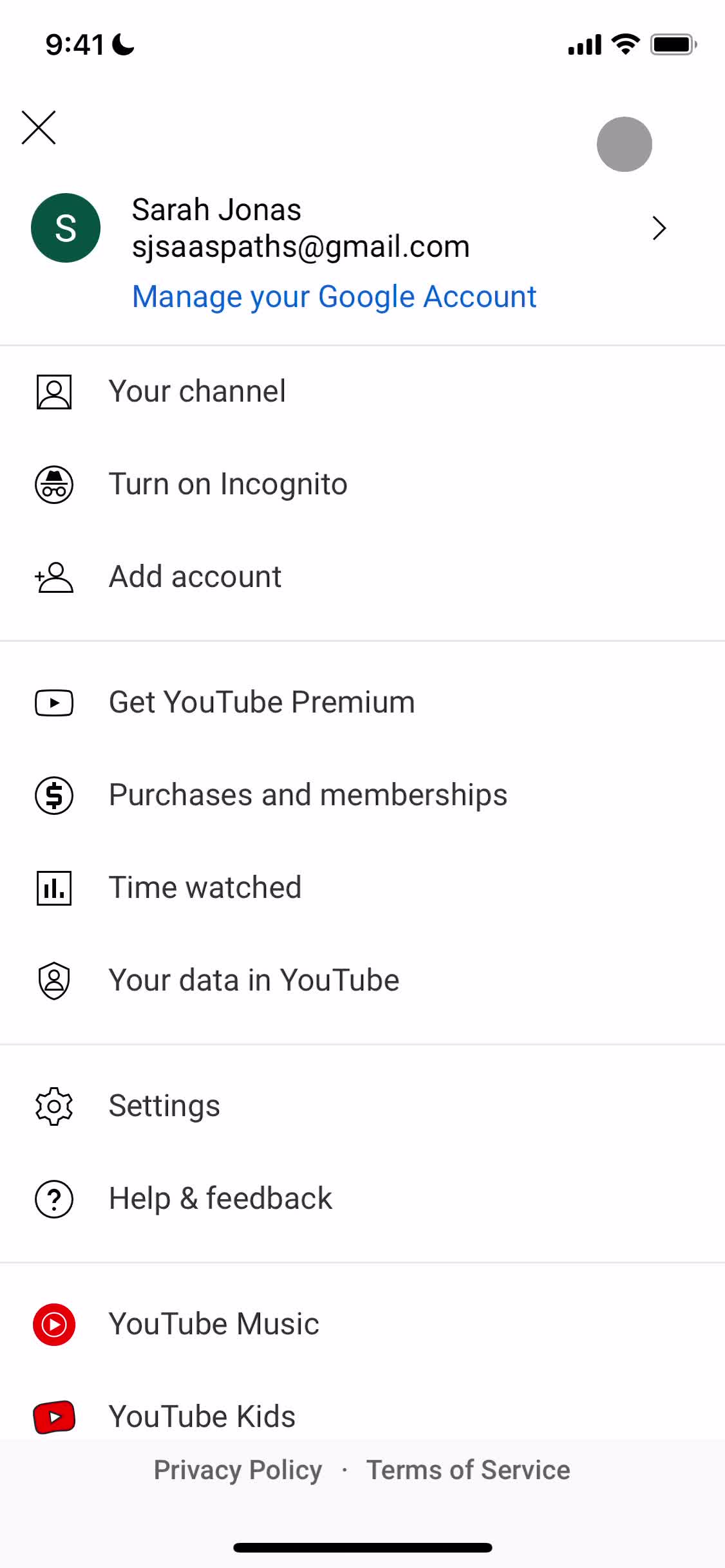 Screenshot of Account menu on Upgrading your account on YouTube user flow