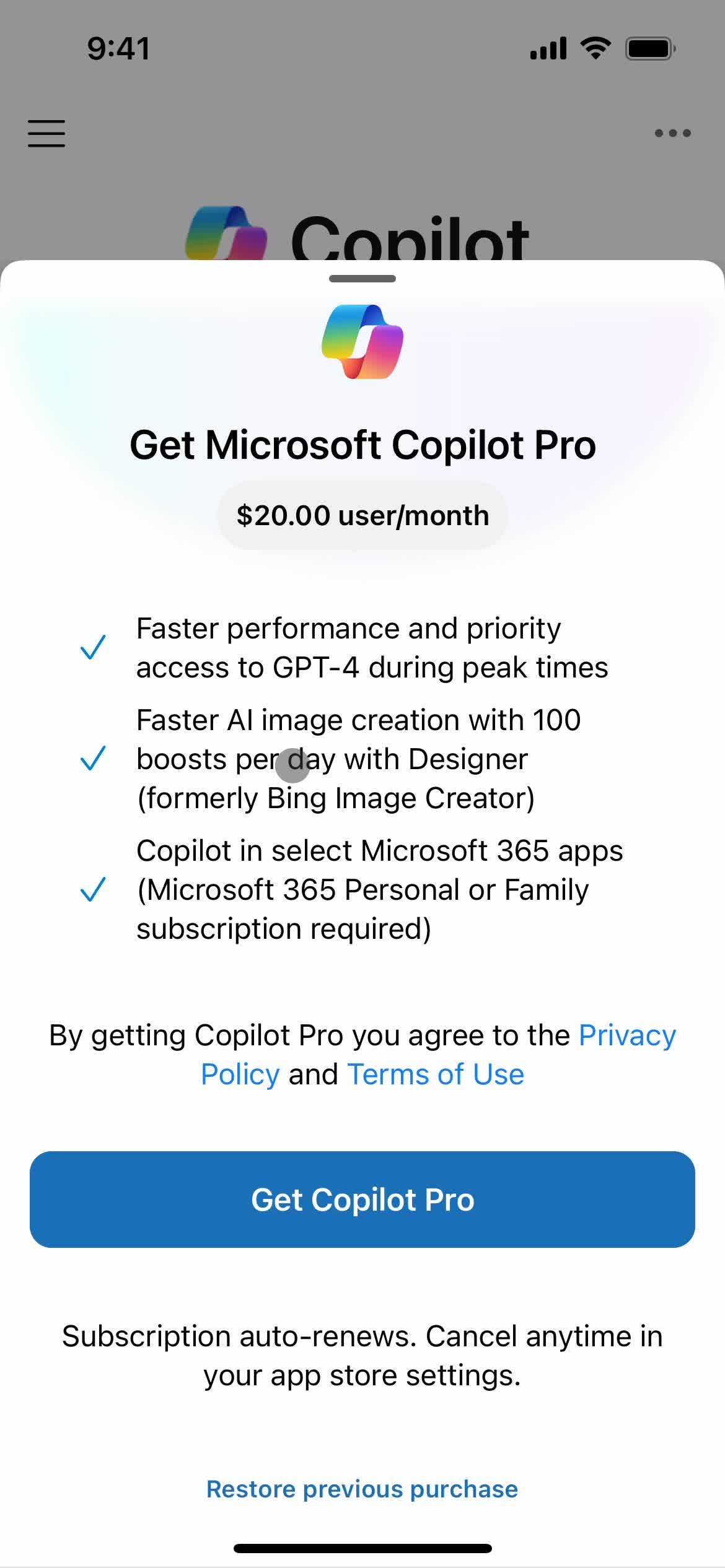 Microsoft Copilot upgrade screenshot
