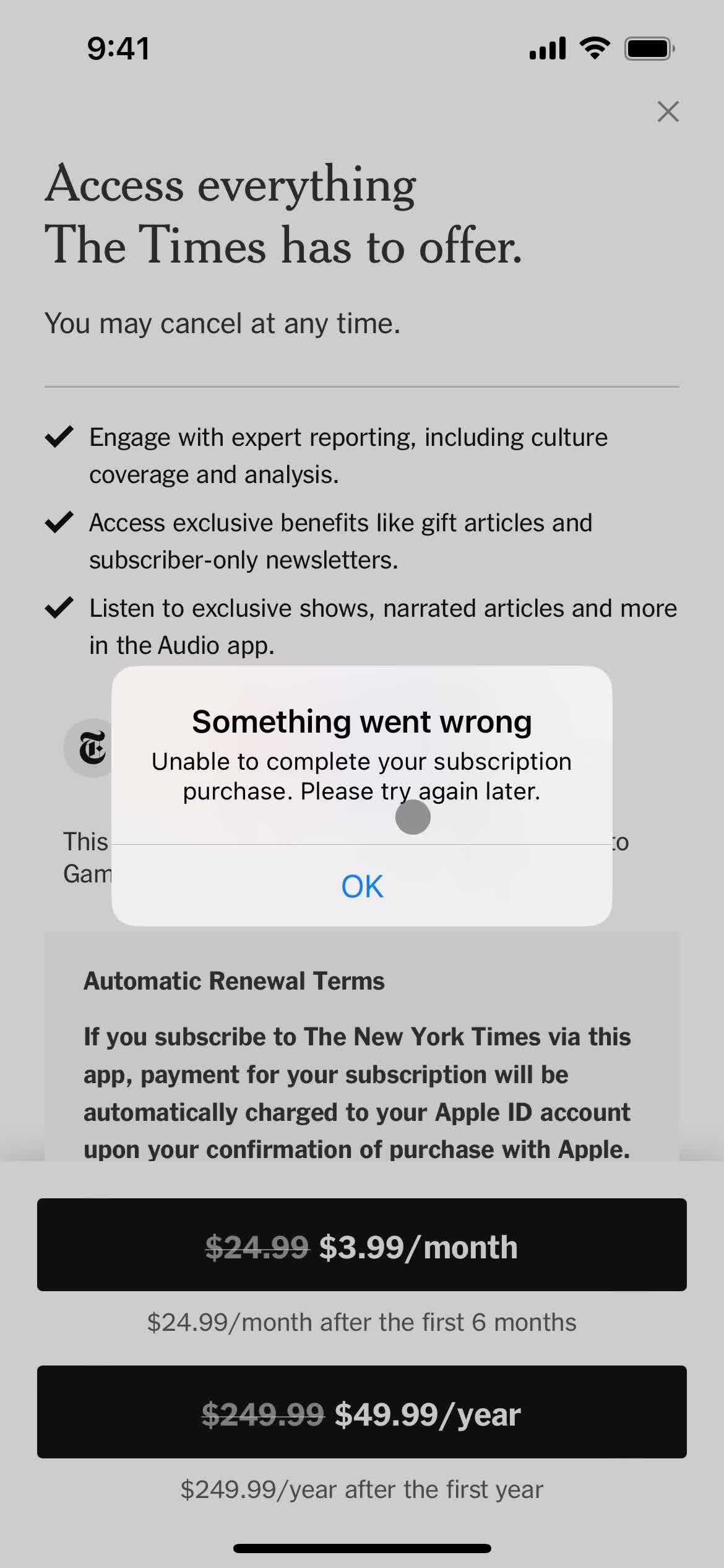 The New York Times submit error screenshot