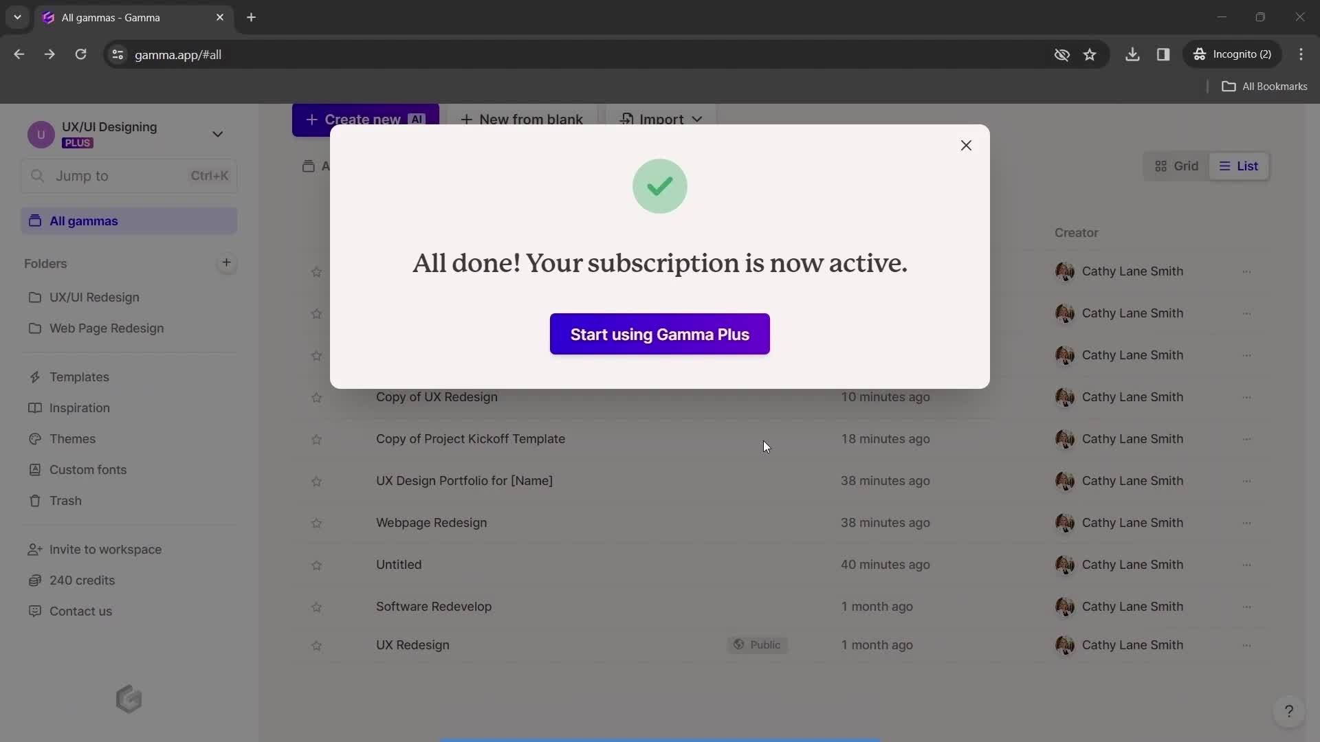 Gamma subscription successful screenshot