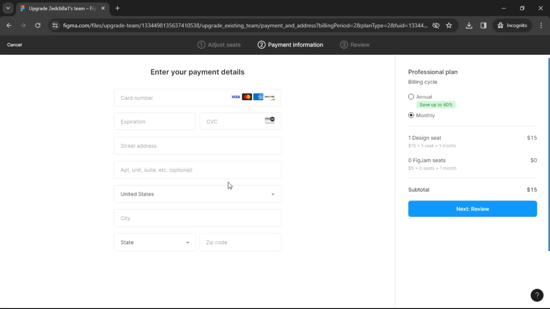 Figma add payment details screenshot