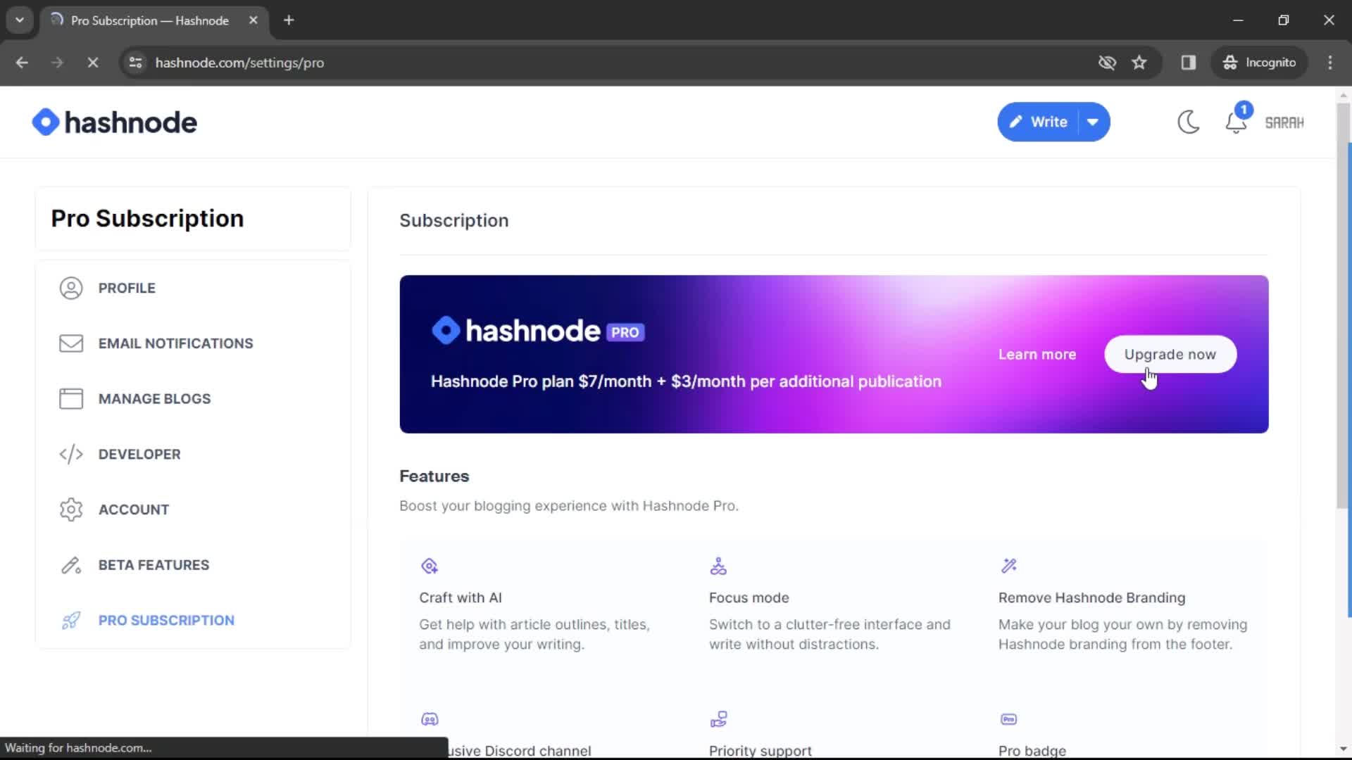 Hashnode upgrade screenshot
