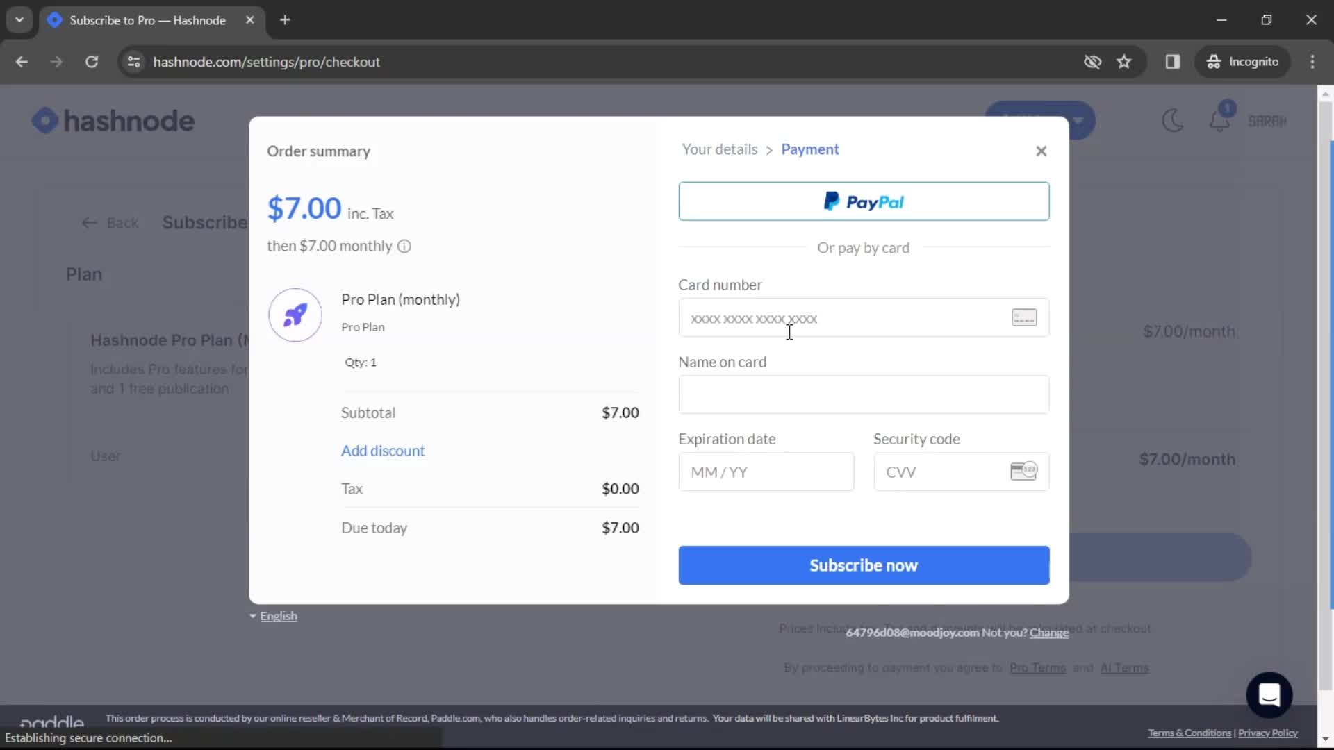 Hashnode add payment details screenshot