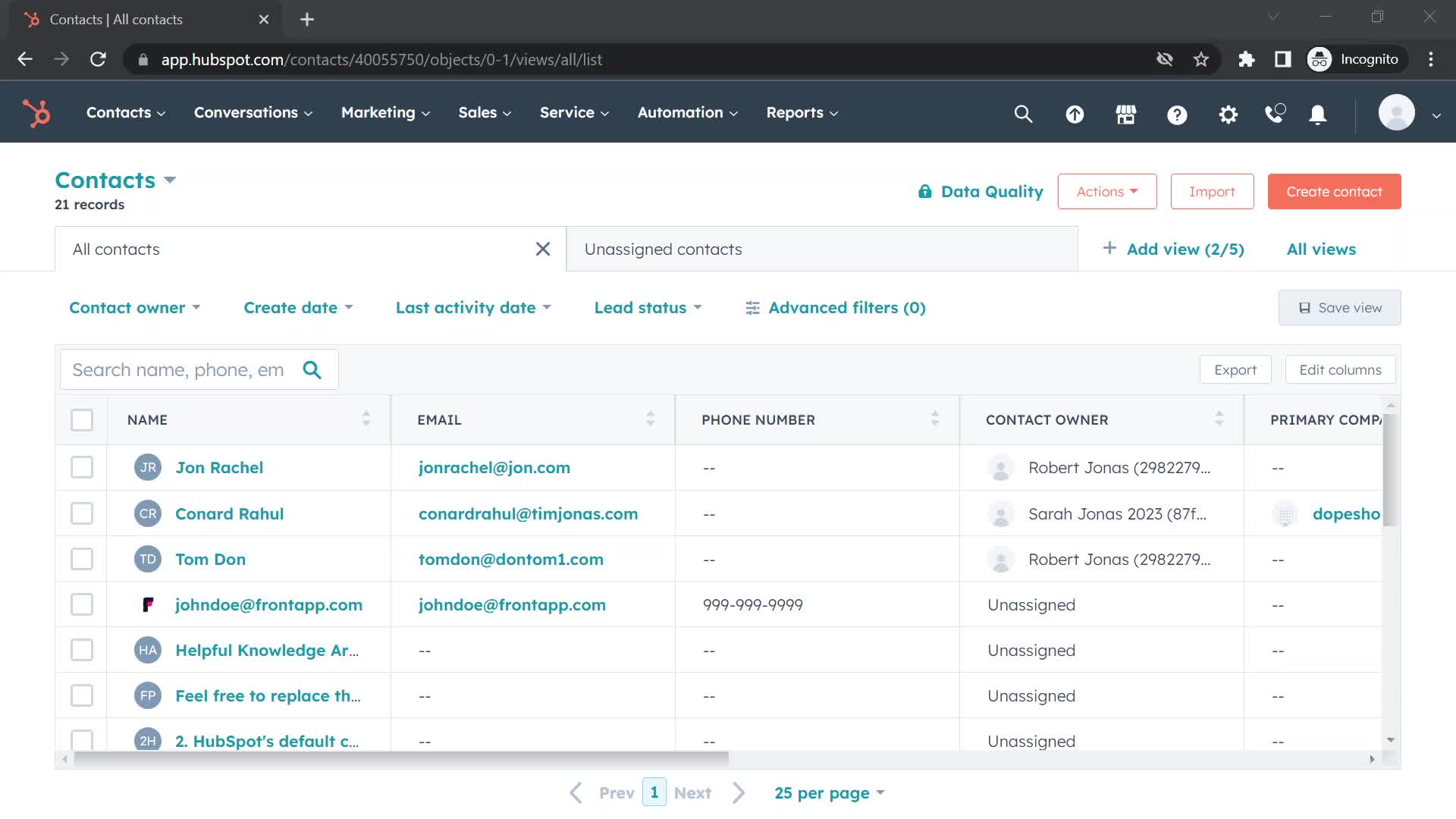 Screenshot of Contacts on Upgrading your account on HubSpot CRM user flow