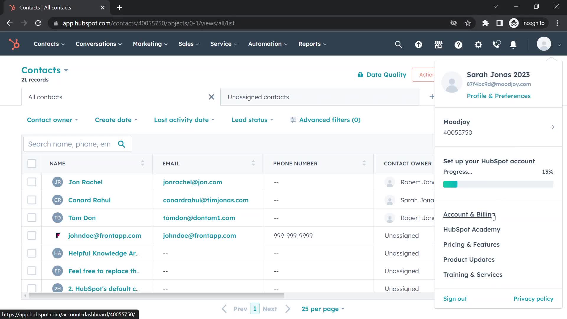 Screenshot of Account menu on Upgrading your account on HubSpot CRM user flow