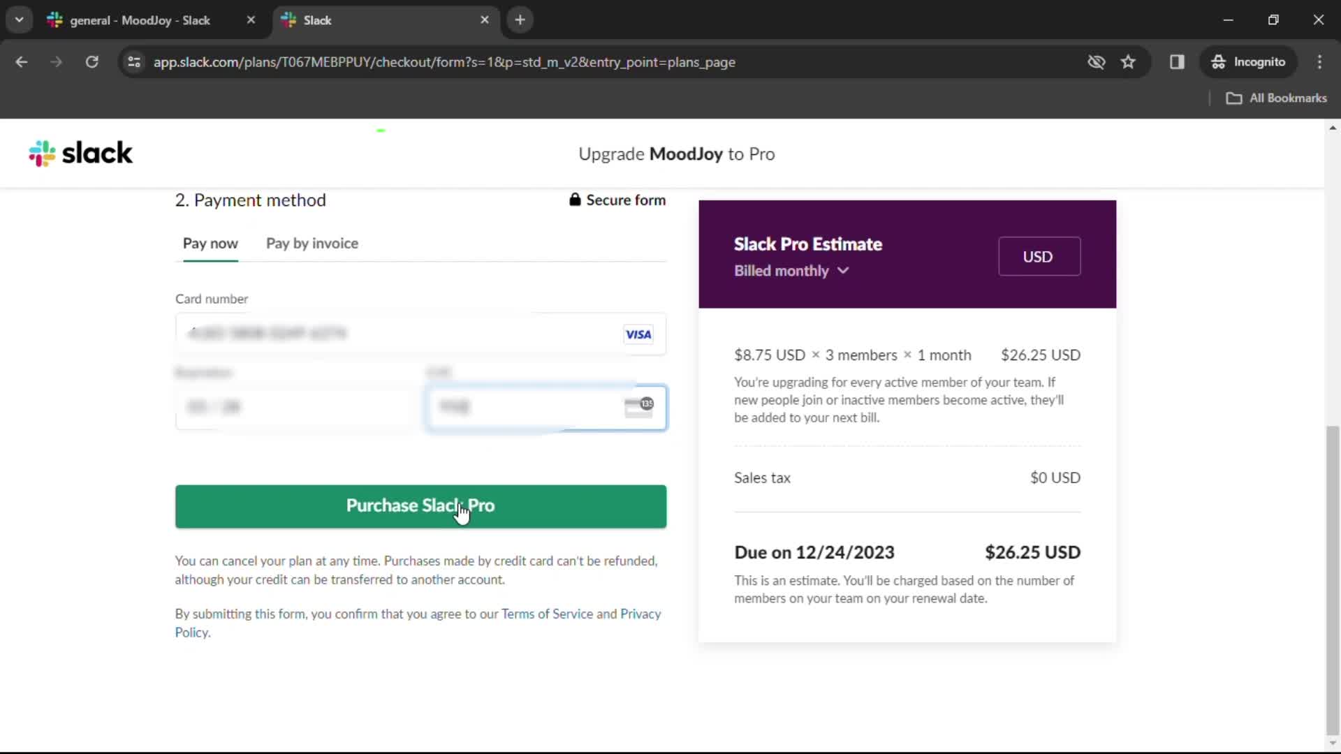 Slack confirm purchase screenshot