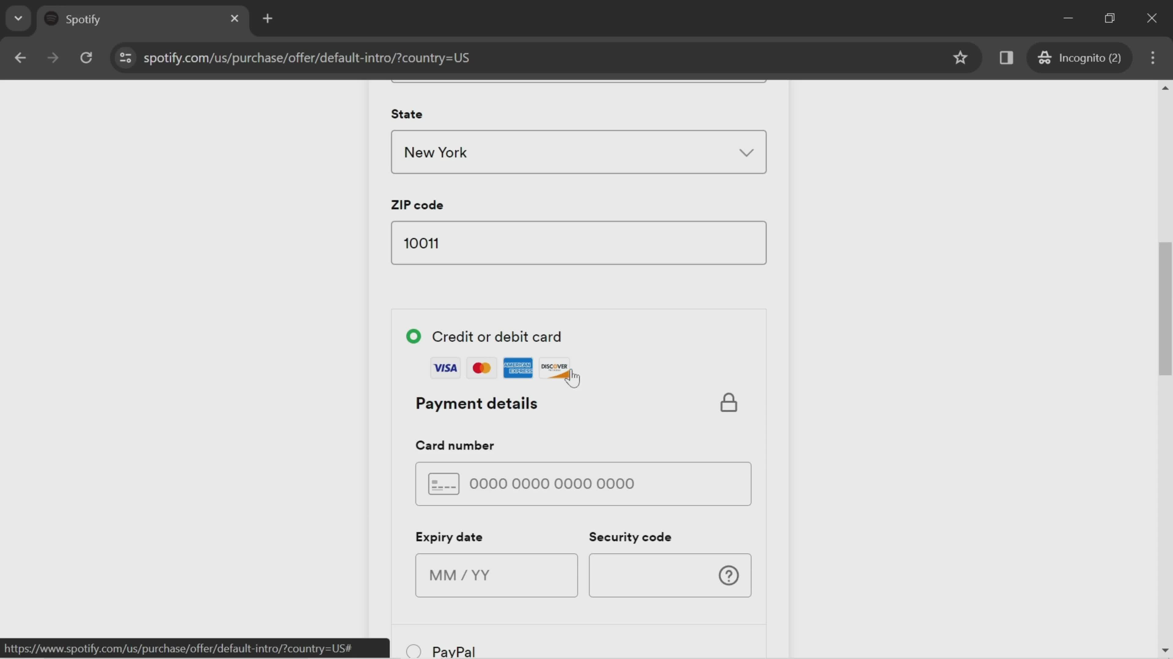 Spotify payment method screenshot
