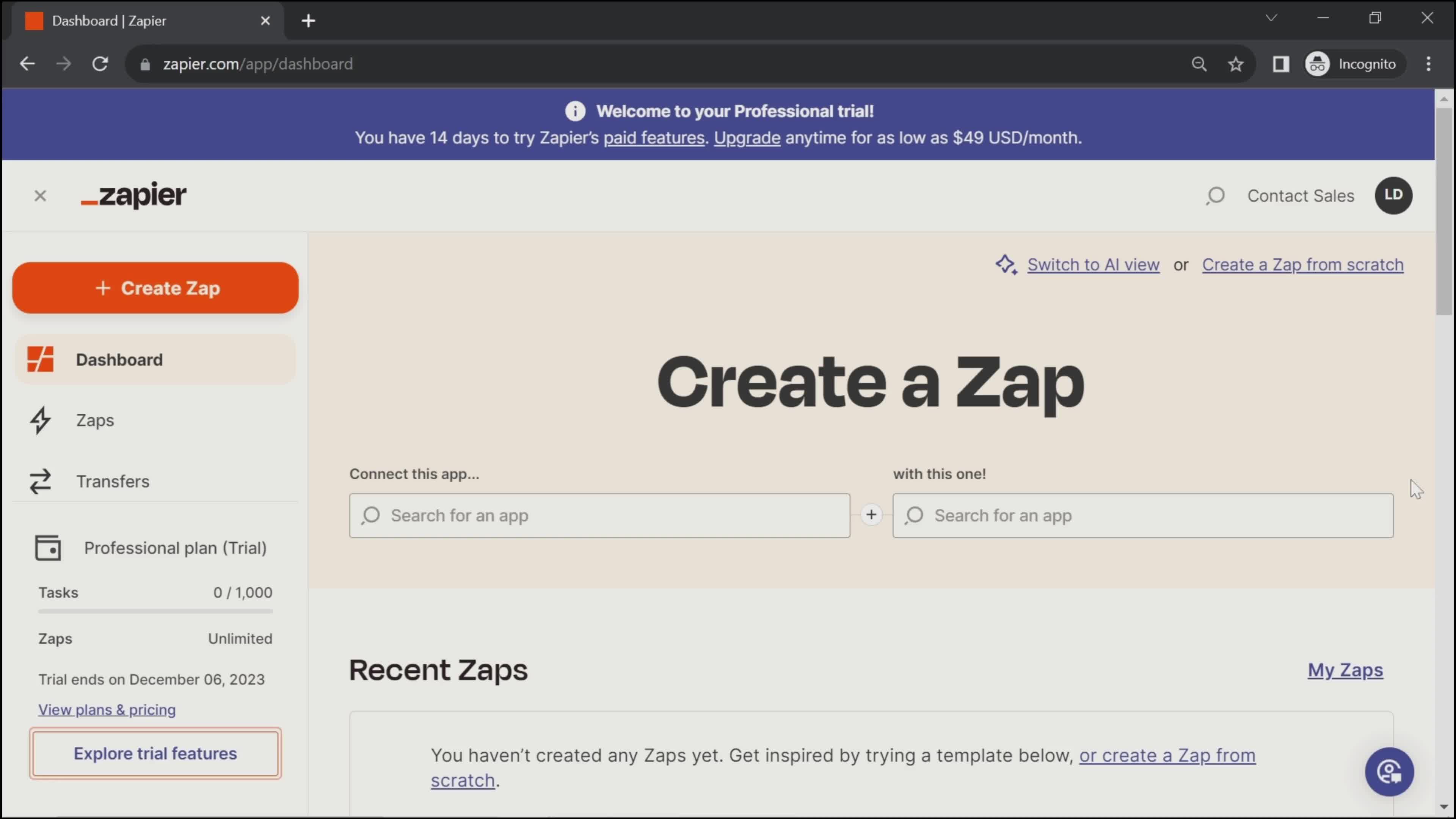 Screenshot of Dashboard on Upgrading your account on Zapier user flow