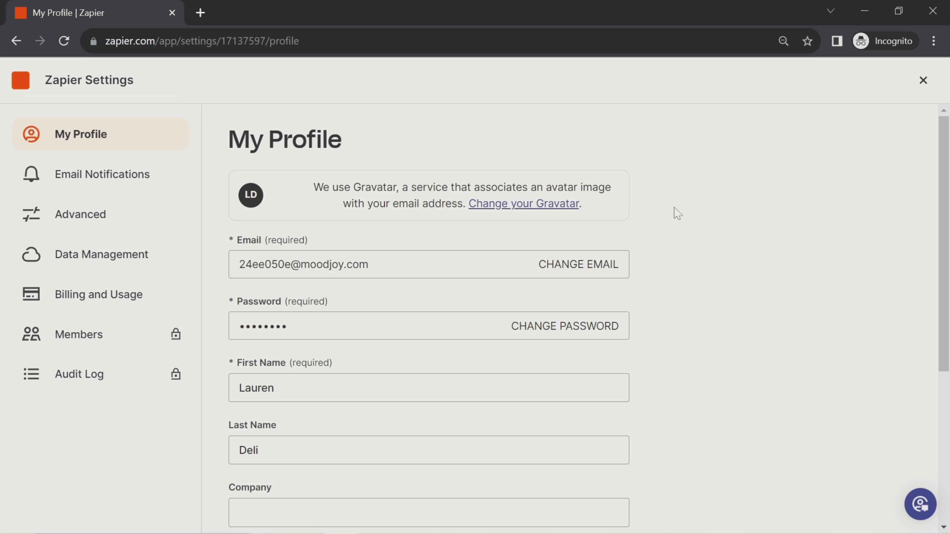 Screenshot of Settings on Upgrading your account on Zapier user flow