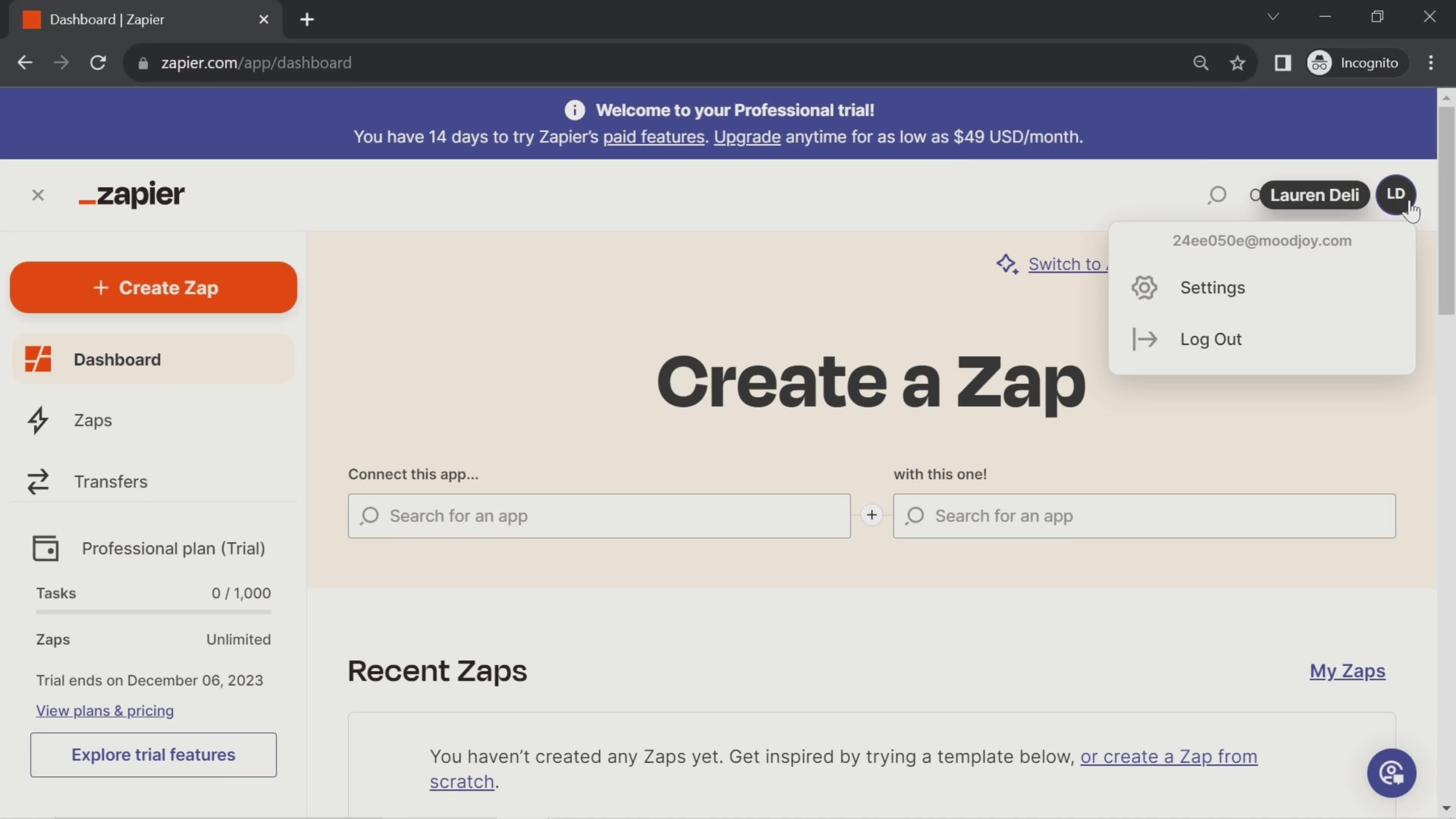 Screenshot of Account menu on Upgrading your account on Zapier user flow