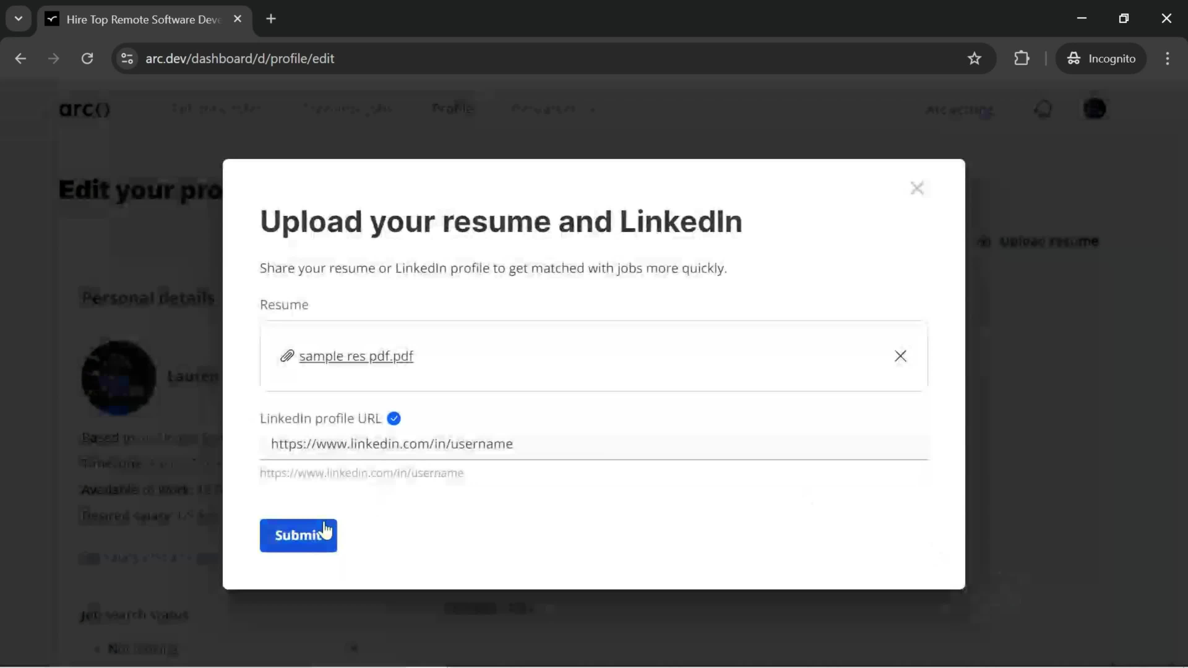 Uploading resume screenshot