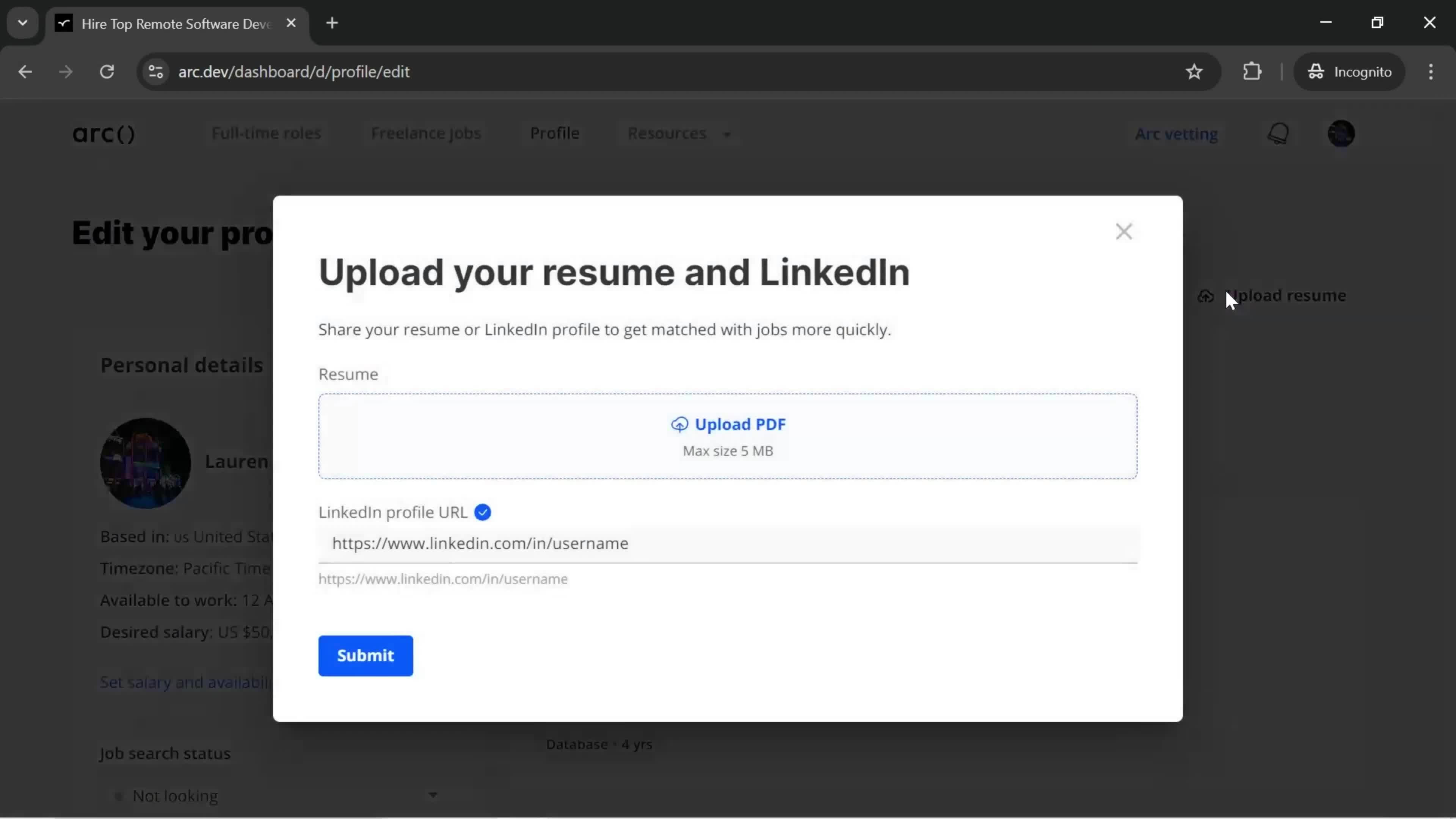 Uploading resume screenshot