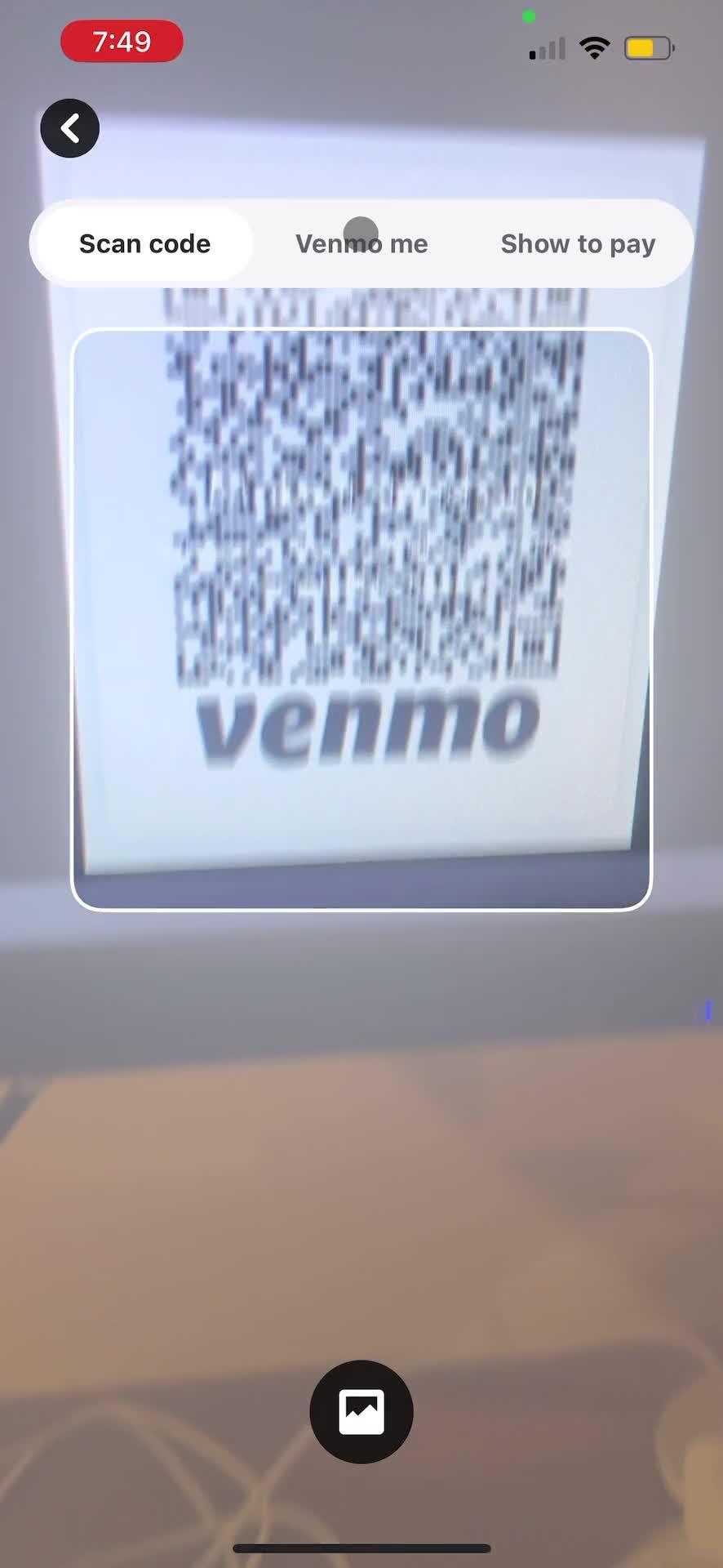 Screenshot of Scan QR code on Searching on Venmo user flow