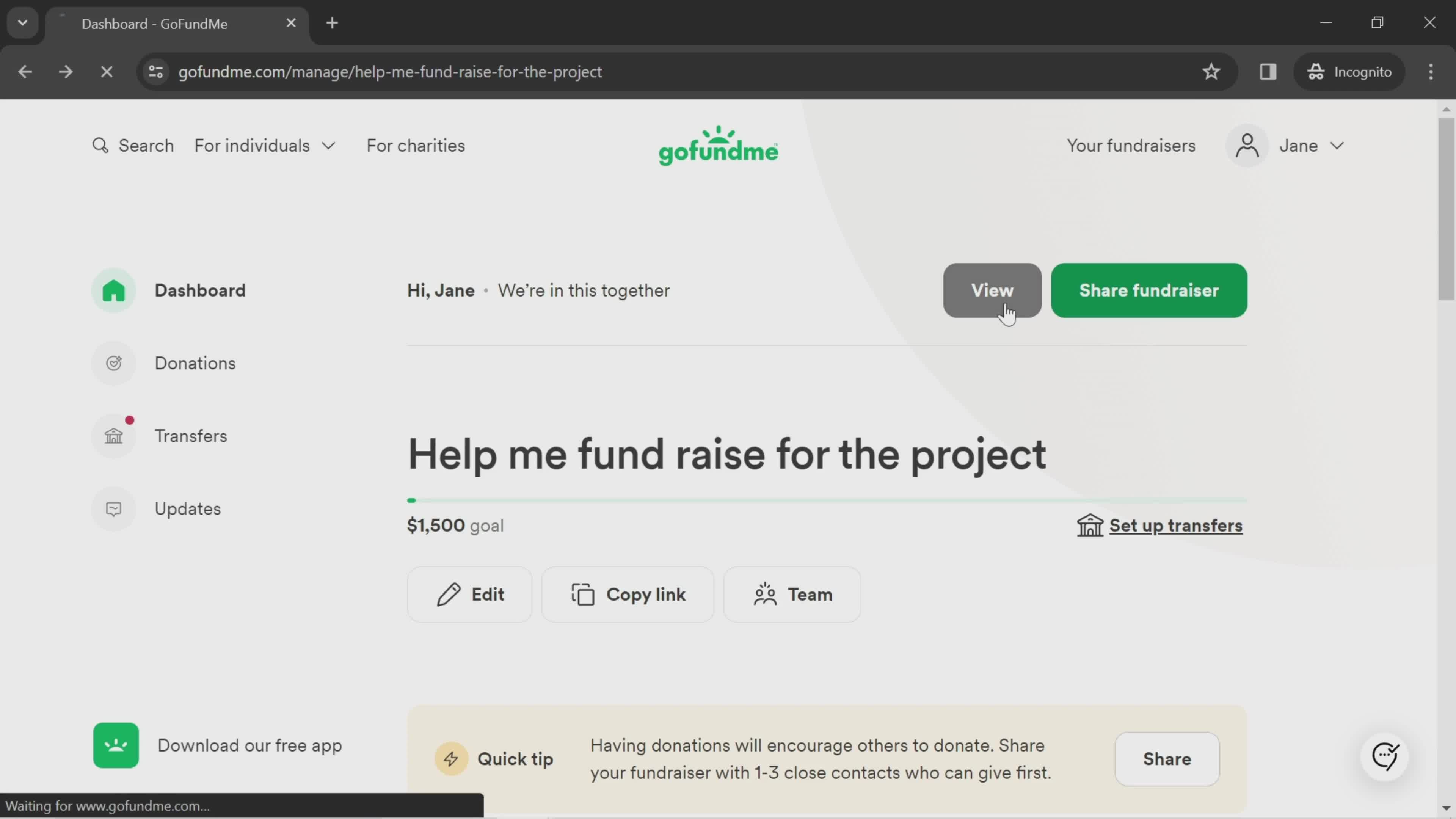 Viewing a fundraiser screenshot