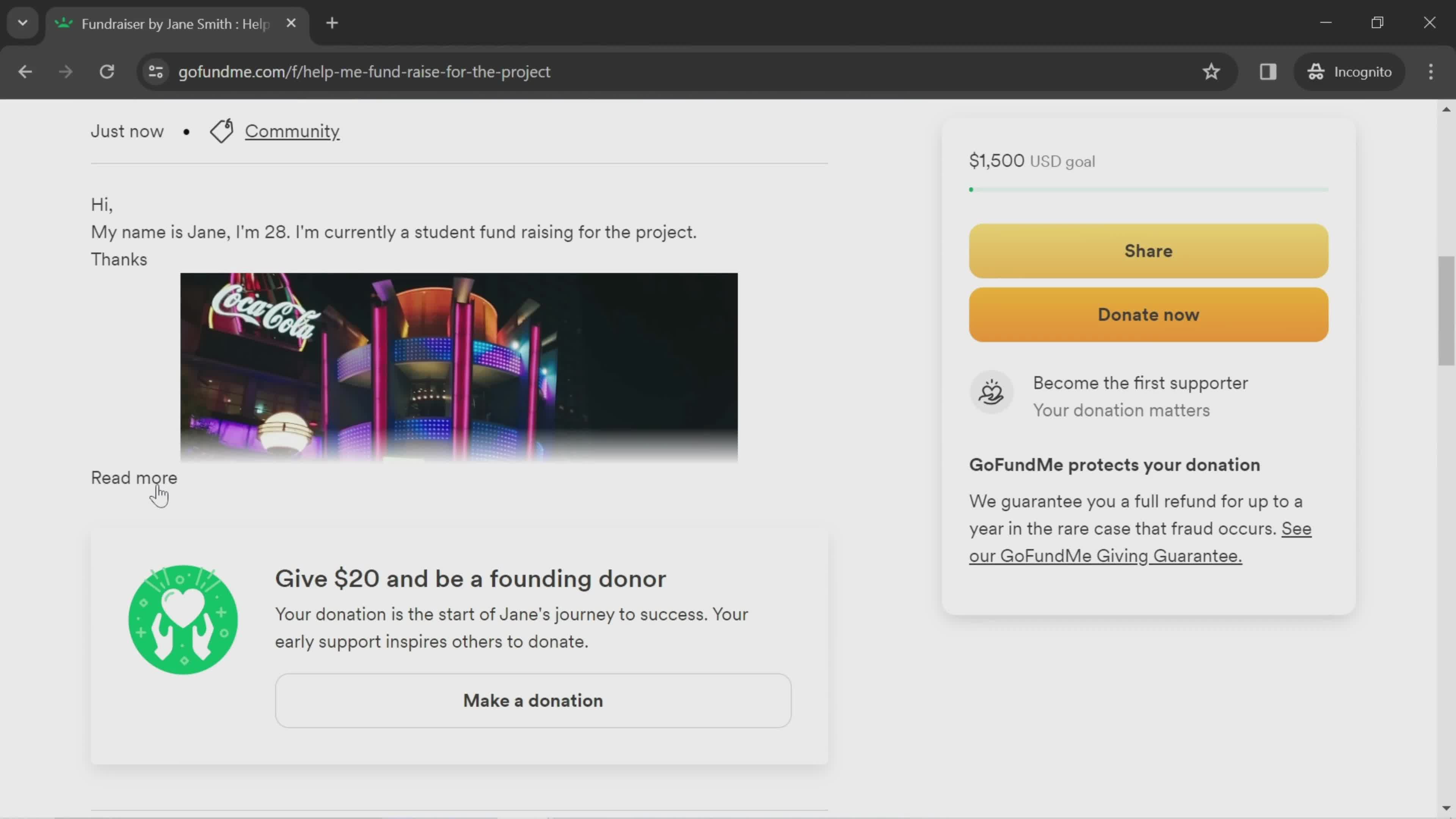 Viewing a fundraiser screenshot