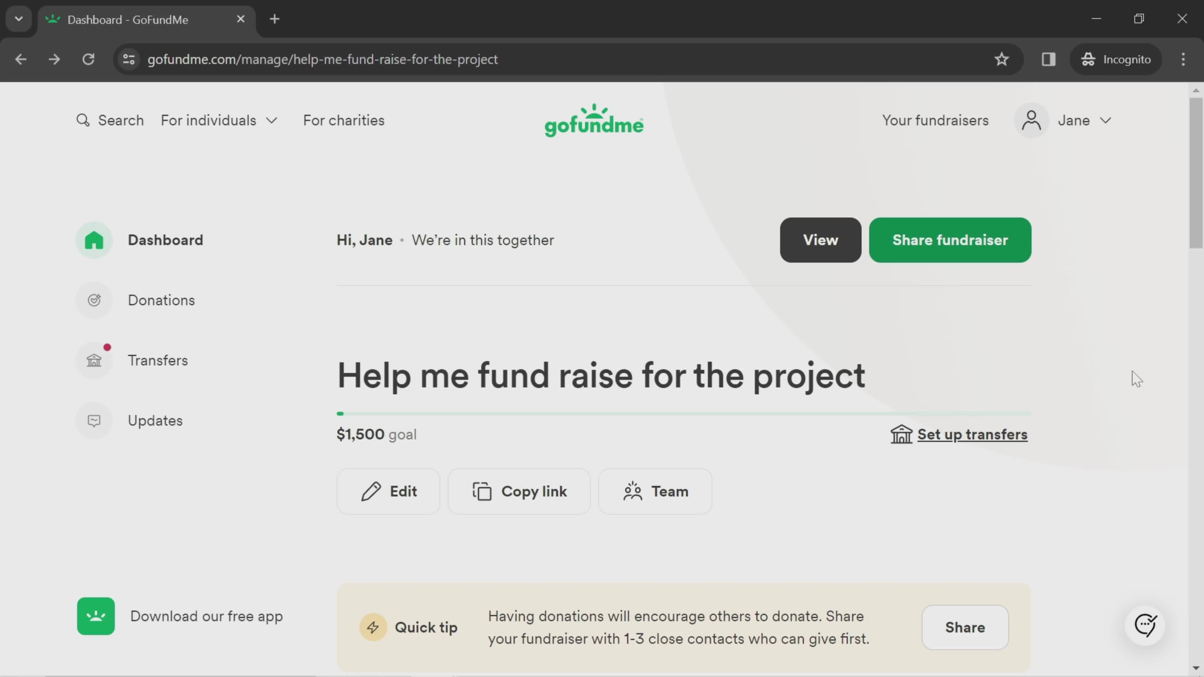 Viewing a fundraiser screenshot